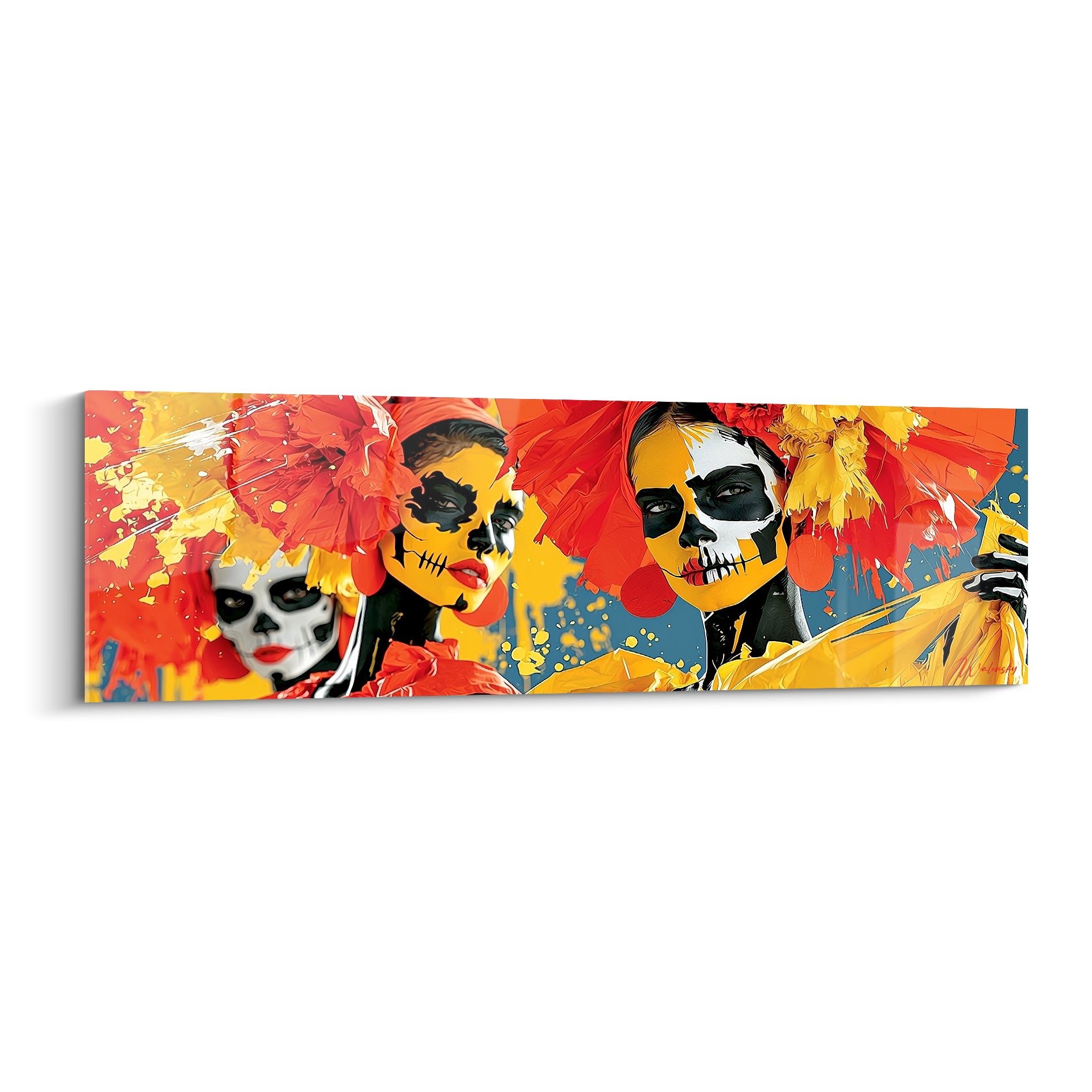 Trois visages Dia de los Muertos maquillés orange et jaune, fleurs éclatantes, style pop art
