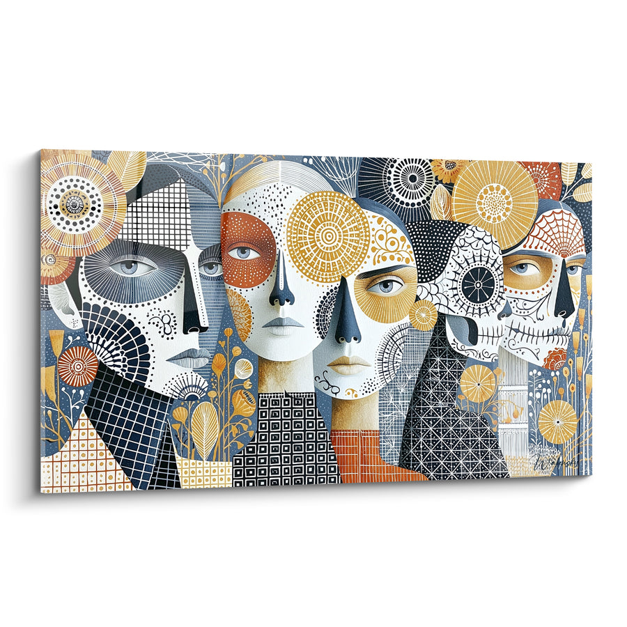 Tableau Visages peints bleu marine et doré aux motifs quadrillés - Rangée de fleurs stylisées - Edition Dia de los Muertos