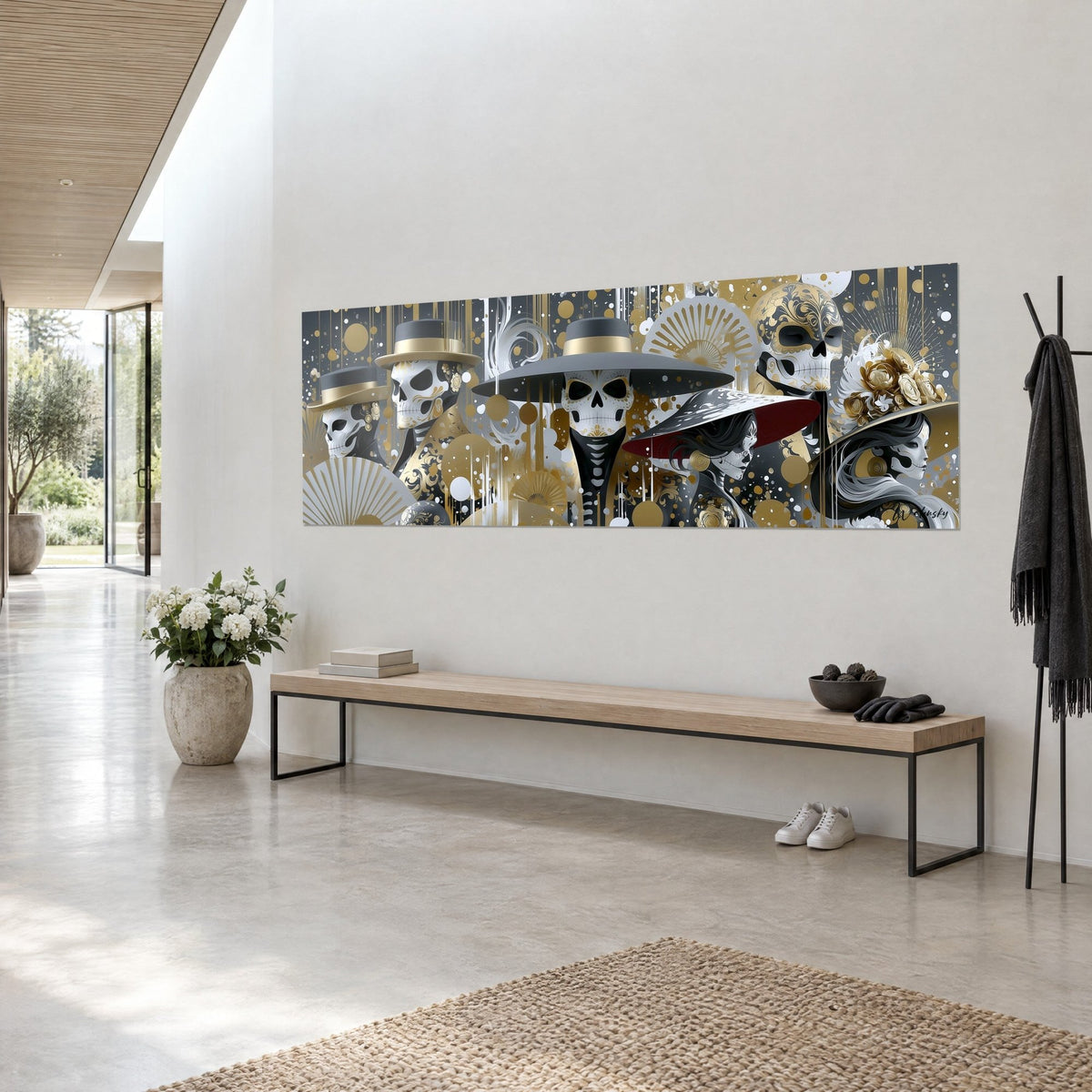 Tableau catrinas squelettiques aux larges chapeaux gris bordés d'or, éventails ivoire, vue de trois-quarts sur un mur clair