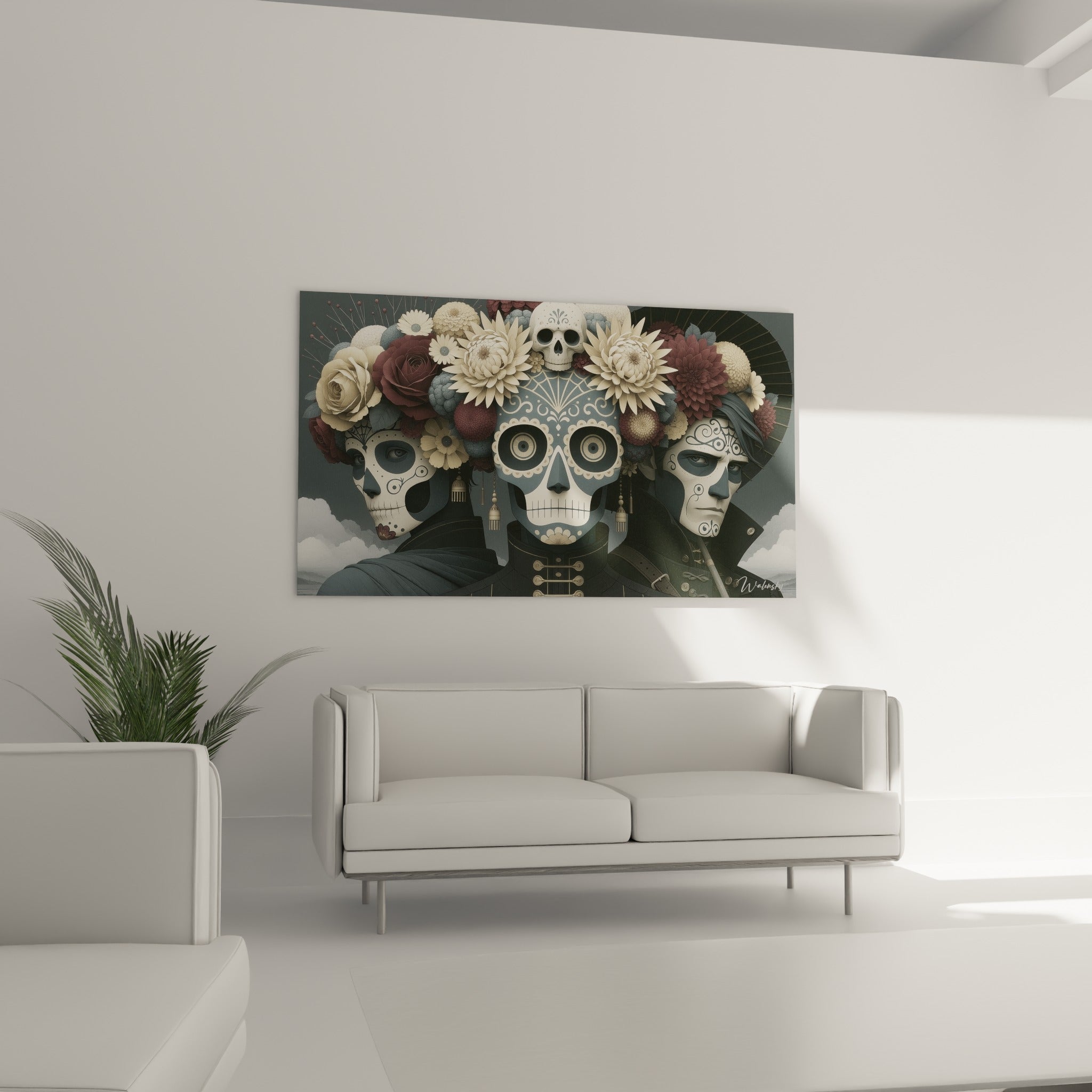 Visages Dia de los Muertos peints en bleu ardoise et bourgogne au-dessus d'un canapé dans un salon lumineux