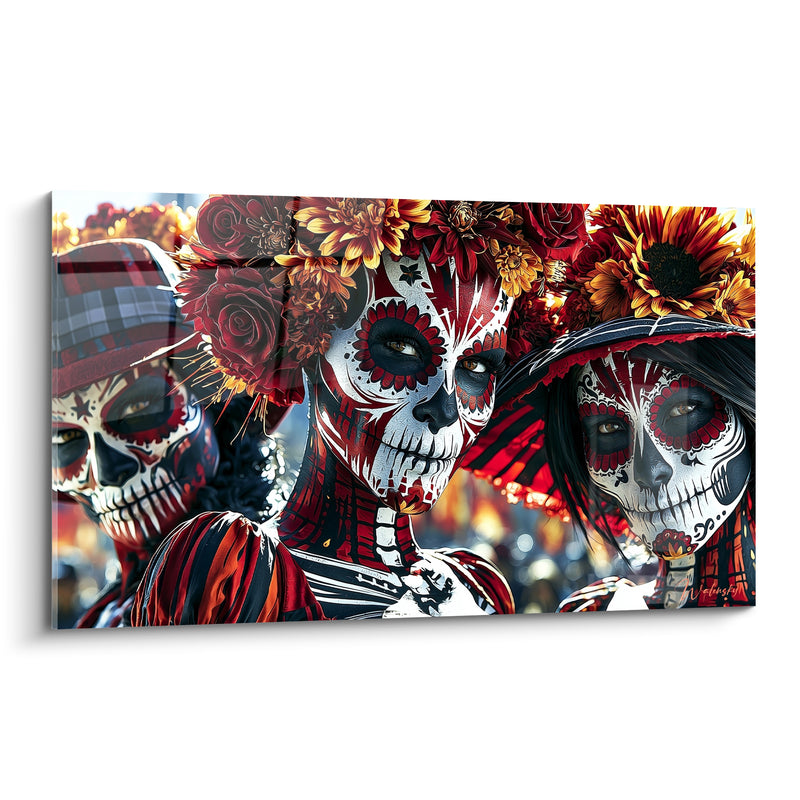 Tableau Visages peints rouge et noir aux fleurs - Veillée festive - Edition Dia de los Muertos