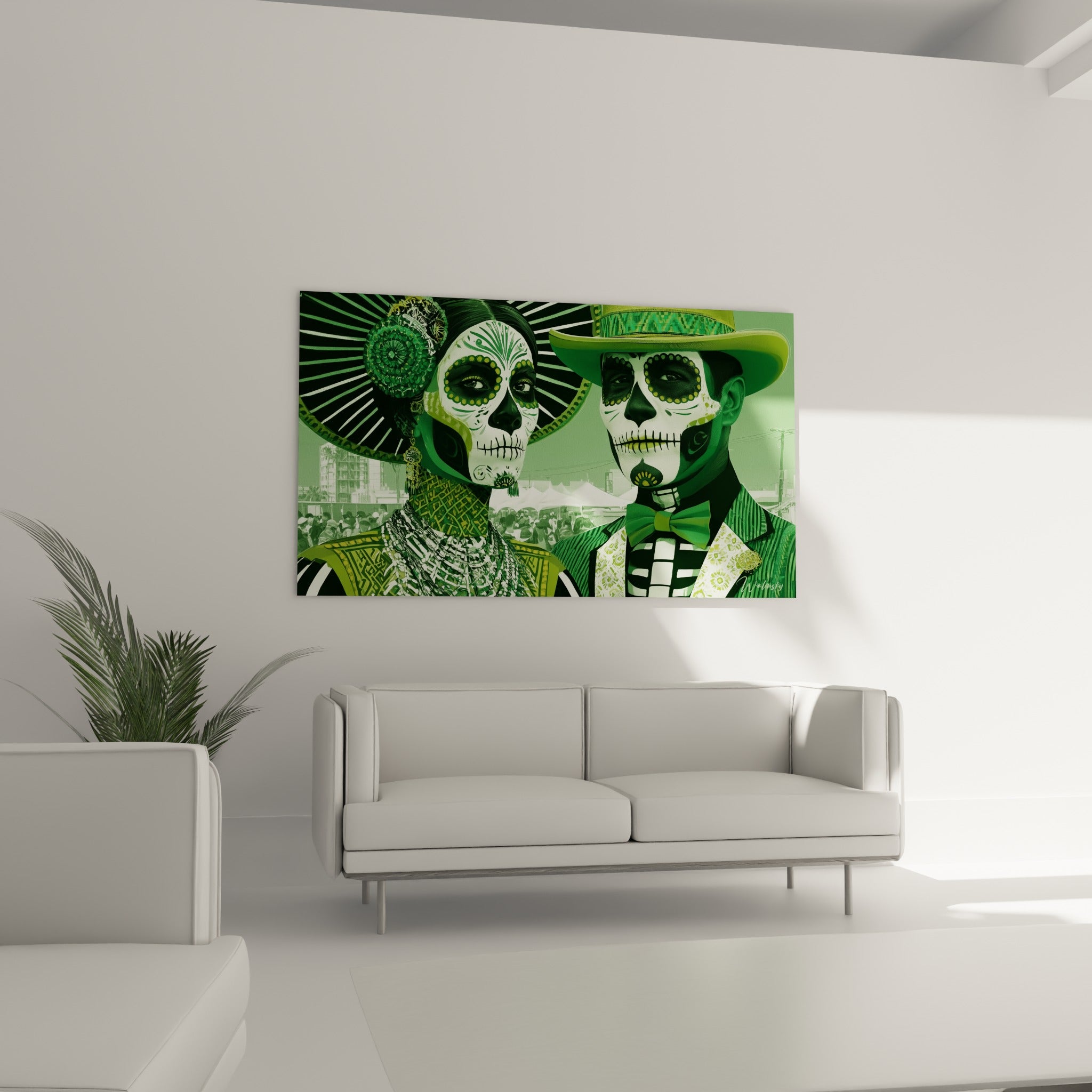 Maquillages détaillés vert kaki et blanc ivoire du couple Dia de los Muertos, au-dessus d'un canapé dans un salon lumineux