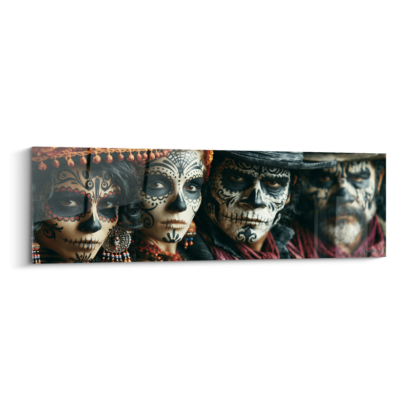 Tableau Visages peints ivoire et noir aux perles orange - Chapeau à franges - Edition Dia de los Muertos
