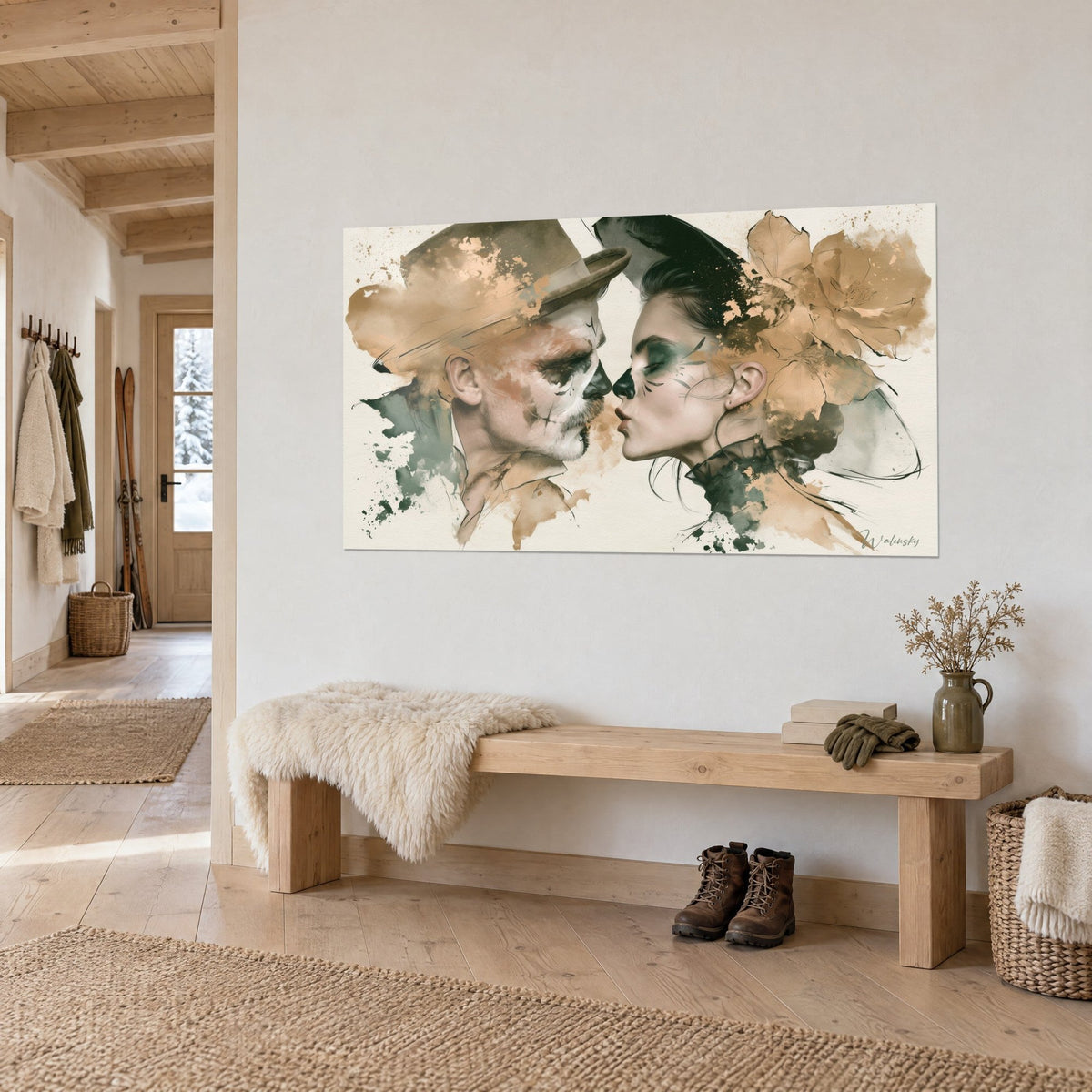 Tableau baiser de deux visages grimés, chapeau haut-de-forme beige et fleur dorée, sur mur blanc d'un chalet en bois