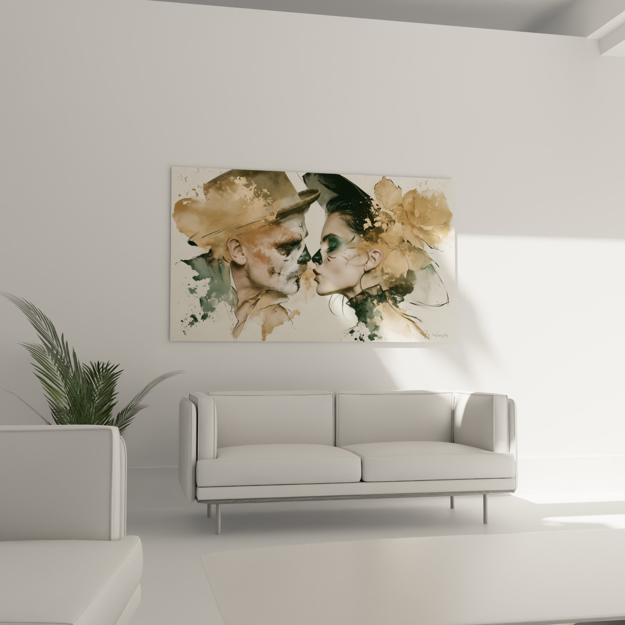 Visages peints à l'aquarelle, nuances terracotta et vert sombre, au-dessus d'un canapé dans un salon lumineux