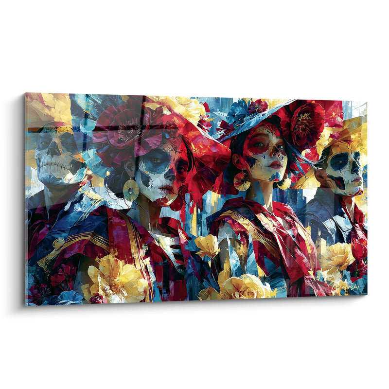 Tableau Visages peints rouge et bleu aux fleurs jaunes - Grand chapeau à volutes - Edition Dia de los Muertos