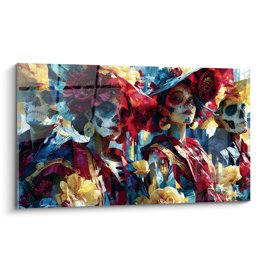 Tableau Visages peints rouge et bleu aux fleurs jaunes - Grand chapeau à volutes - Edition Dia de los Muertos