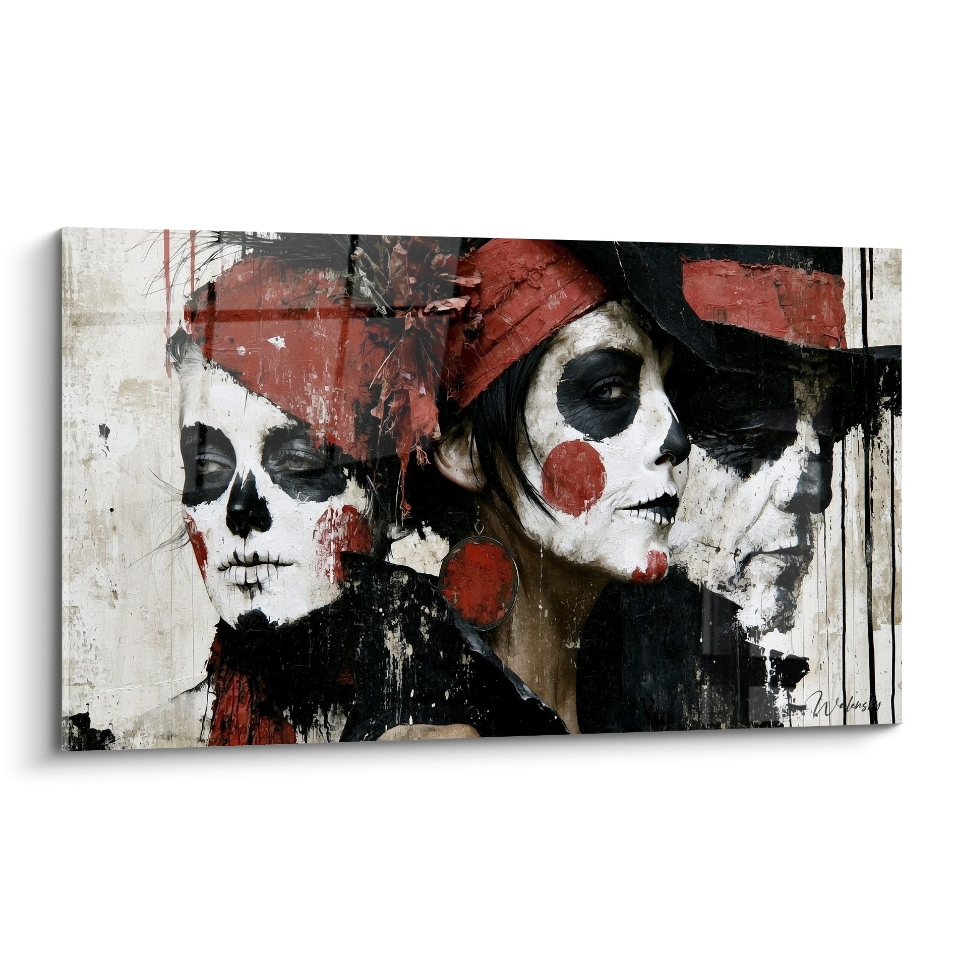 Trois visages maquillés en crâne, rouge terracotta et noir intense, style peinture texturée Dia de los Muertos