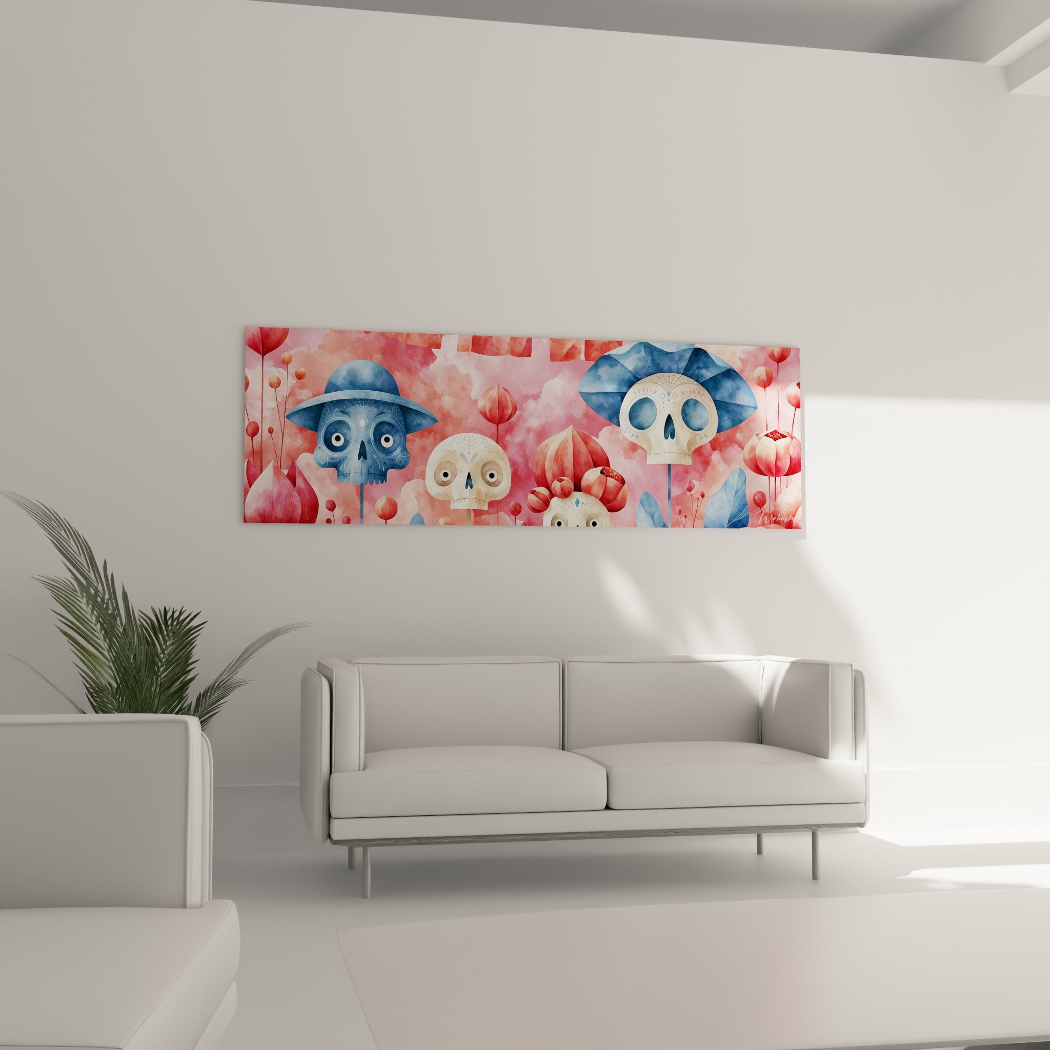 Visages de calaveras roses et beige ivoire entourés de tulipes suspendus au-dessus d'un canapé dans un salon lumineux