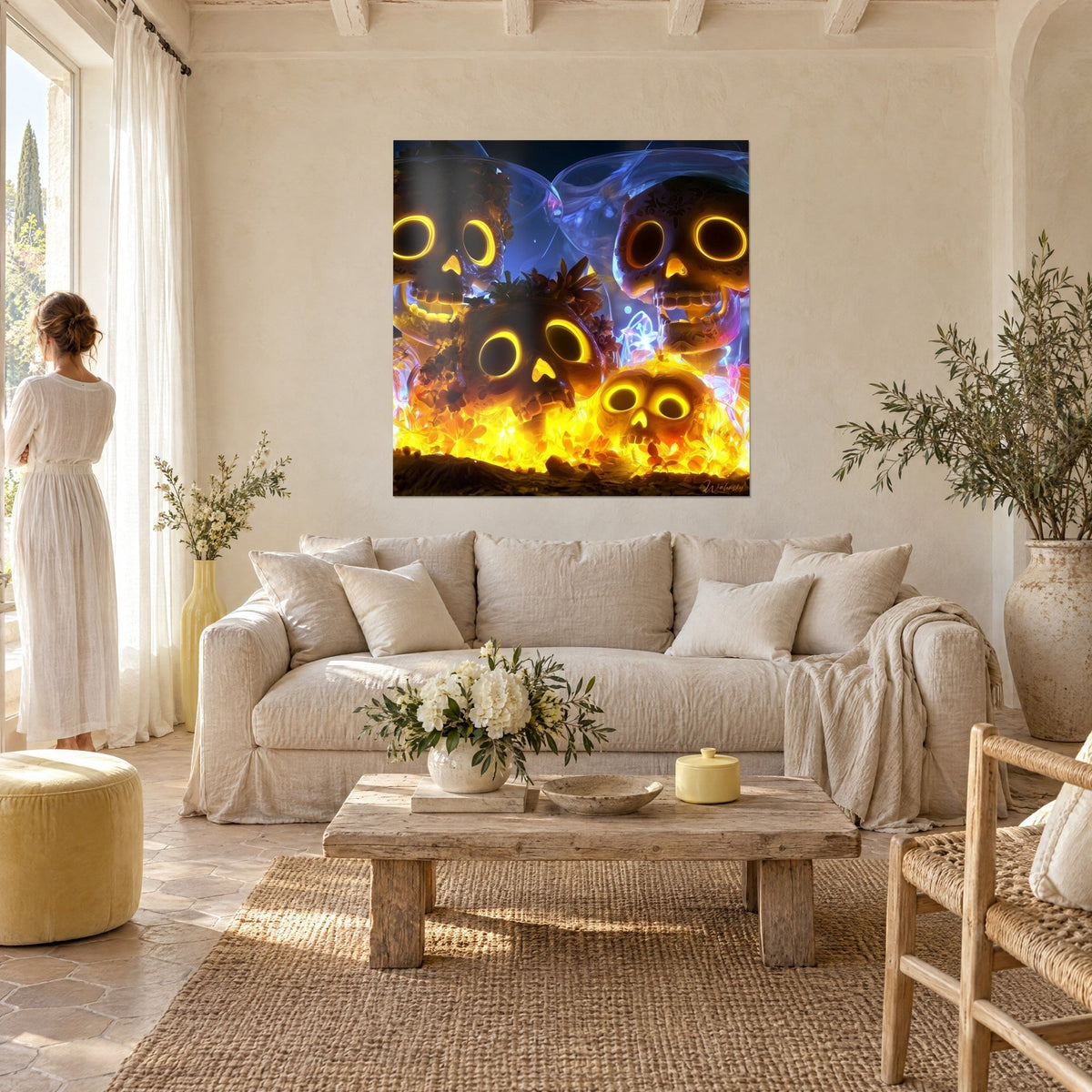 Schilderij met suikerschedels met gloeiend gele oogkassen, oranje vlammen op de grond, middernachtblauwe achtergrond, boven een bank in een lichte woonkamer