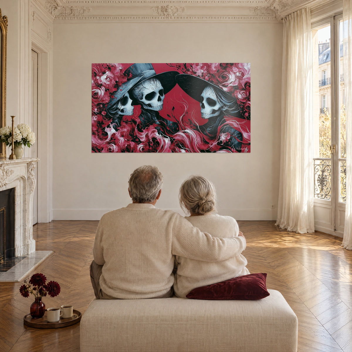 Gemälde Ball der Seelen, Schädel mit schwarzen Hüten, rote und blassrosa Rosen, älteres Paar von hinten, Salon im Haussmann-Stil