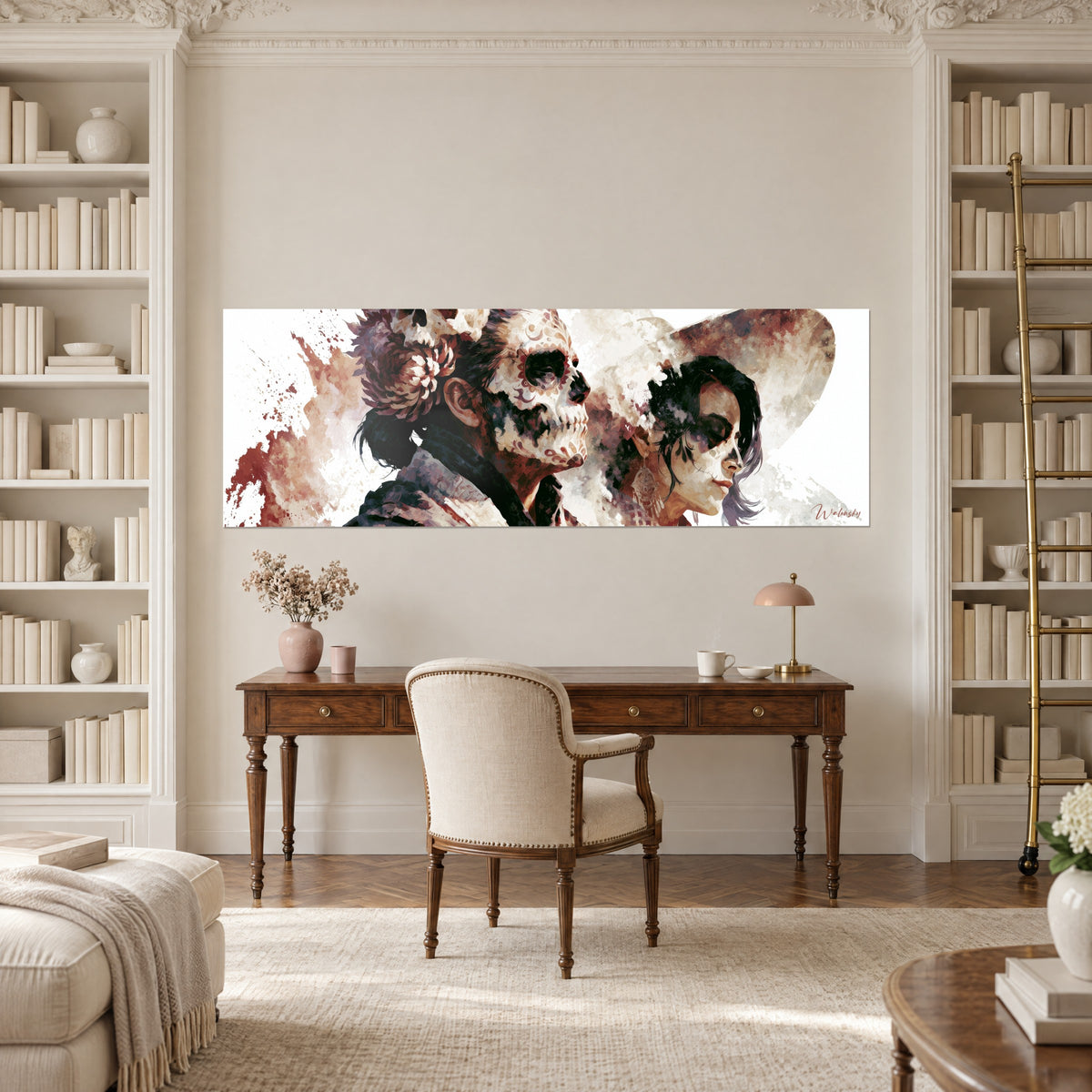 Schilderij overlappende portretten, schedel van Dia de los Muertos en brunette vrouw met een grote hoed, houten bureau tussen twee boekenkasten
