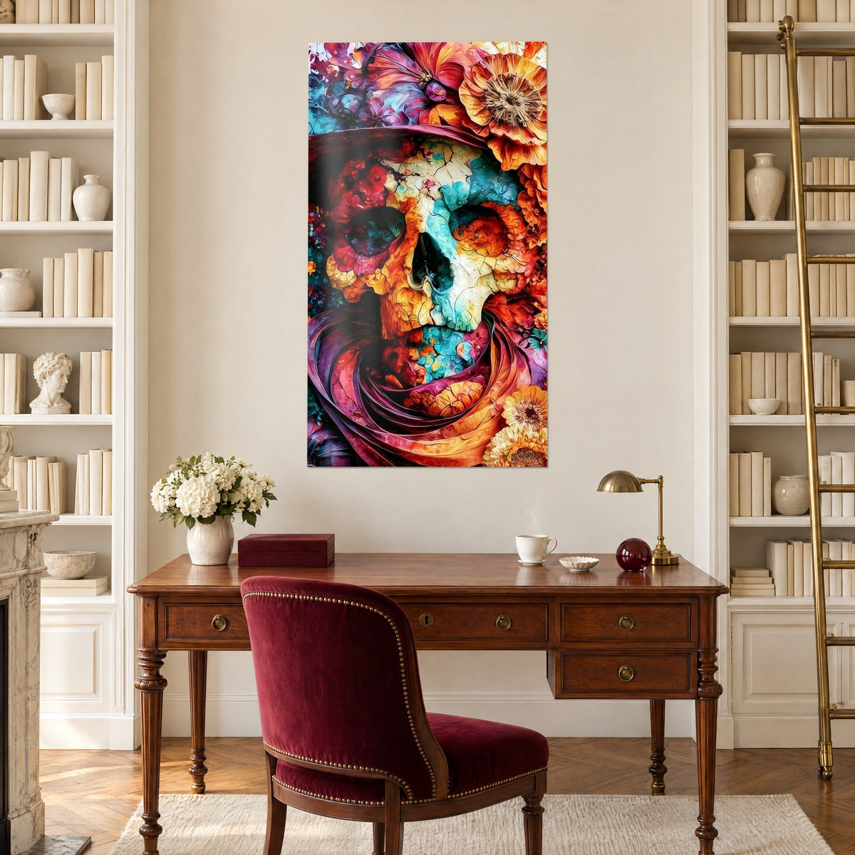 Wall art skeleton face swirled with ruby and amber corollas, hung between two bookcases in a study
