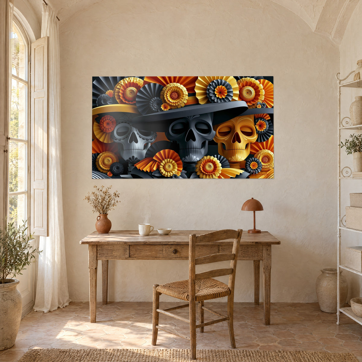 Gemälde Día de los Muertos, goldener Schädel und graue Schädel umgeben von orangefarbenen und schwarzen Kokarden, über einem Schreibtisch aus hellem Holz