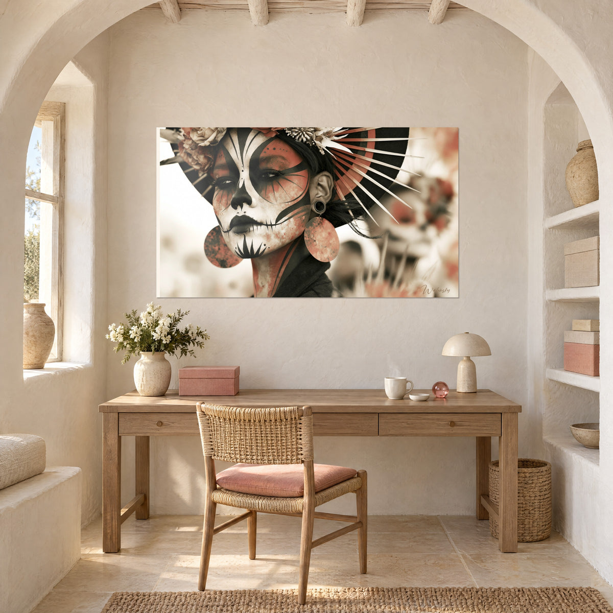Wall art painted white and black mask, copper earrings, blurred beige background, above a wooden desk
