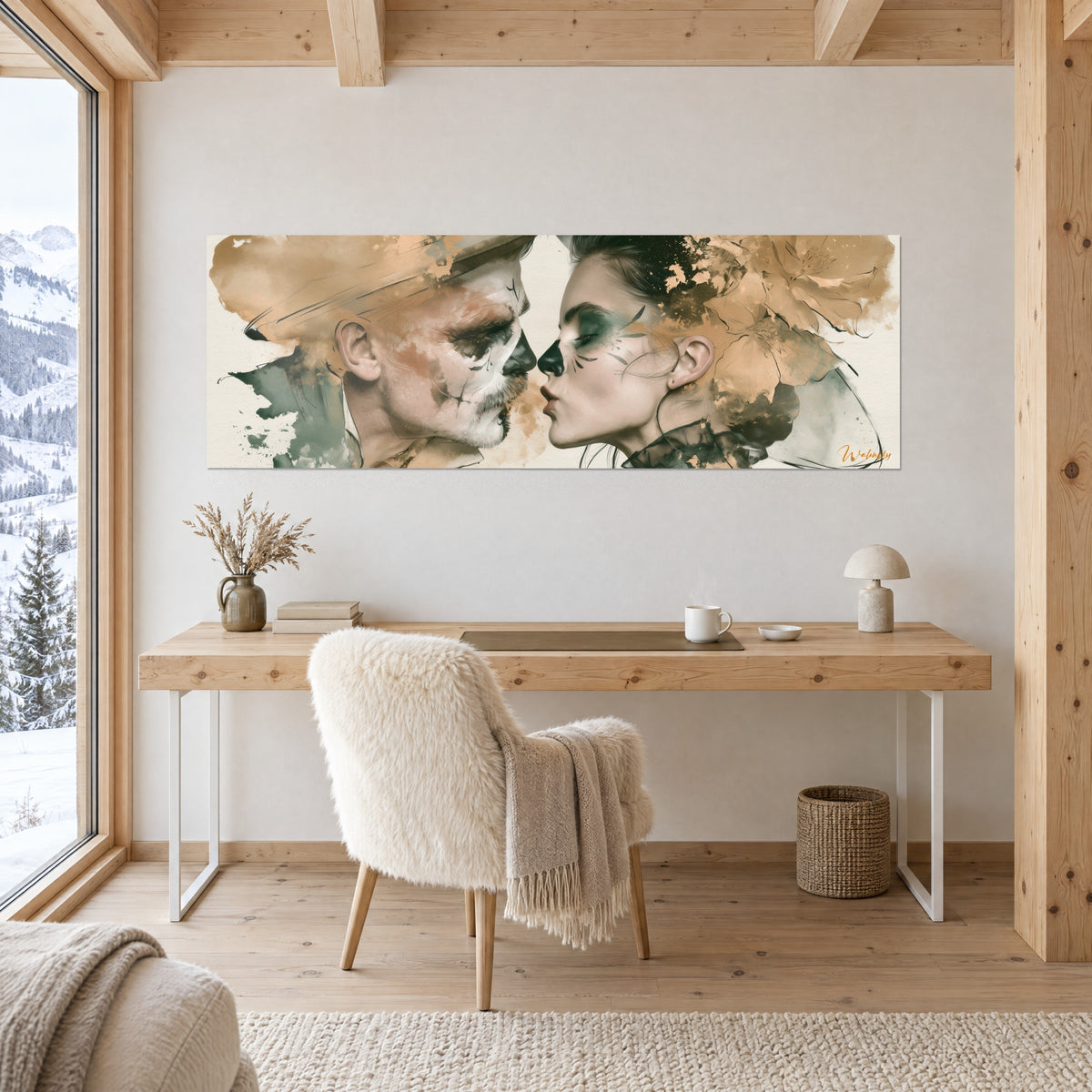 Gemälde frontaler Porträts Nase an Nase, graumeliertes Bart und Pfirsichblüten, Ocker und Grün, Schreibtisch aus rohem Holz einer Berghütte