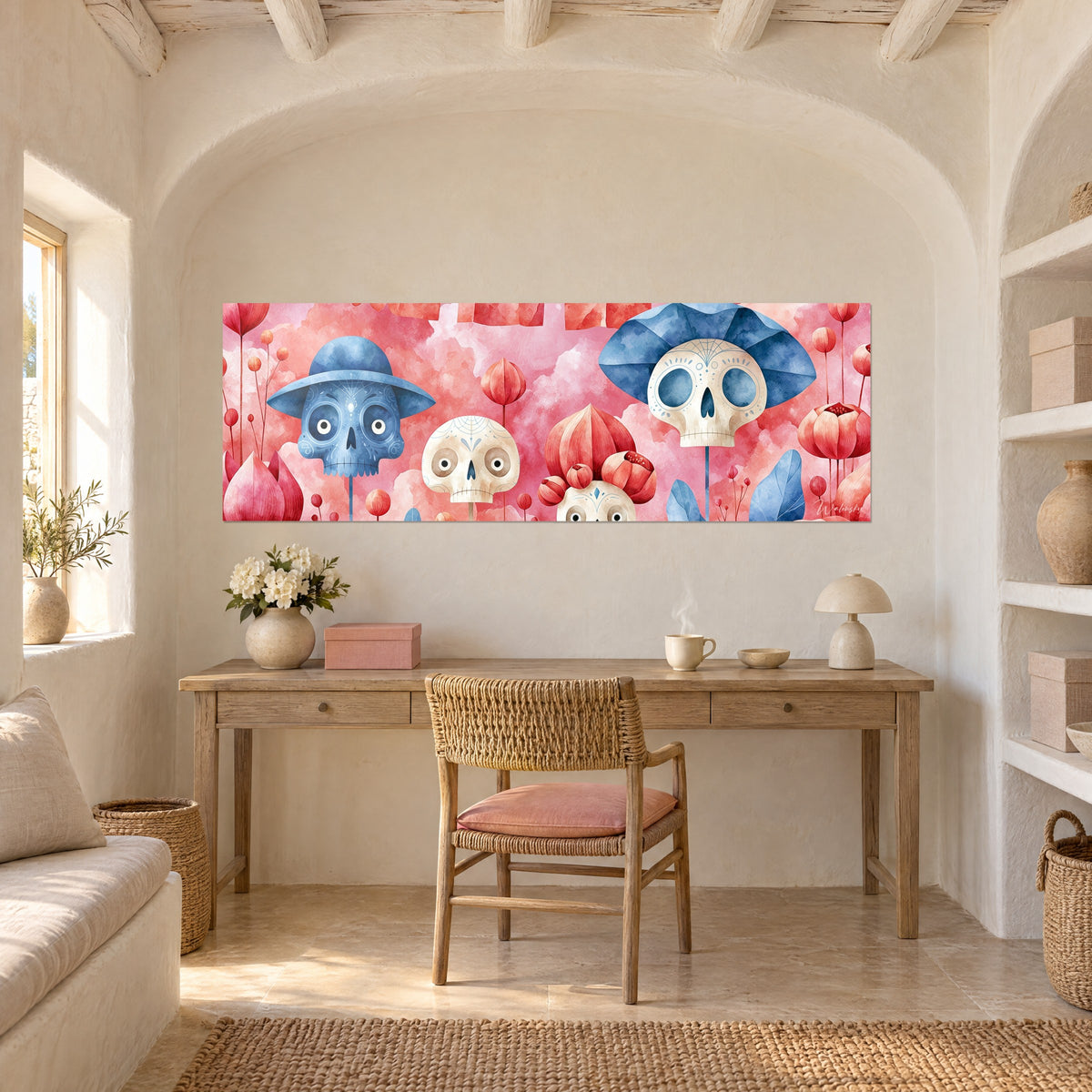 Schilderij van versierde schedels met grote ogen, hoeden in vinca-blauw en rode knopen, boven een bureau van licht hout