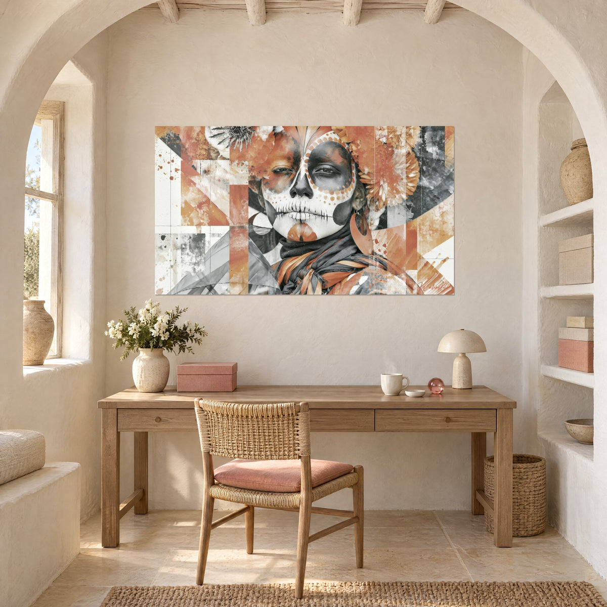 Wall art woman with white skeleton mask, ochre flowers and grey scarf, cream wall above a light wood desk