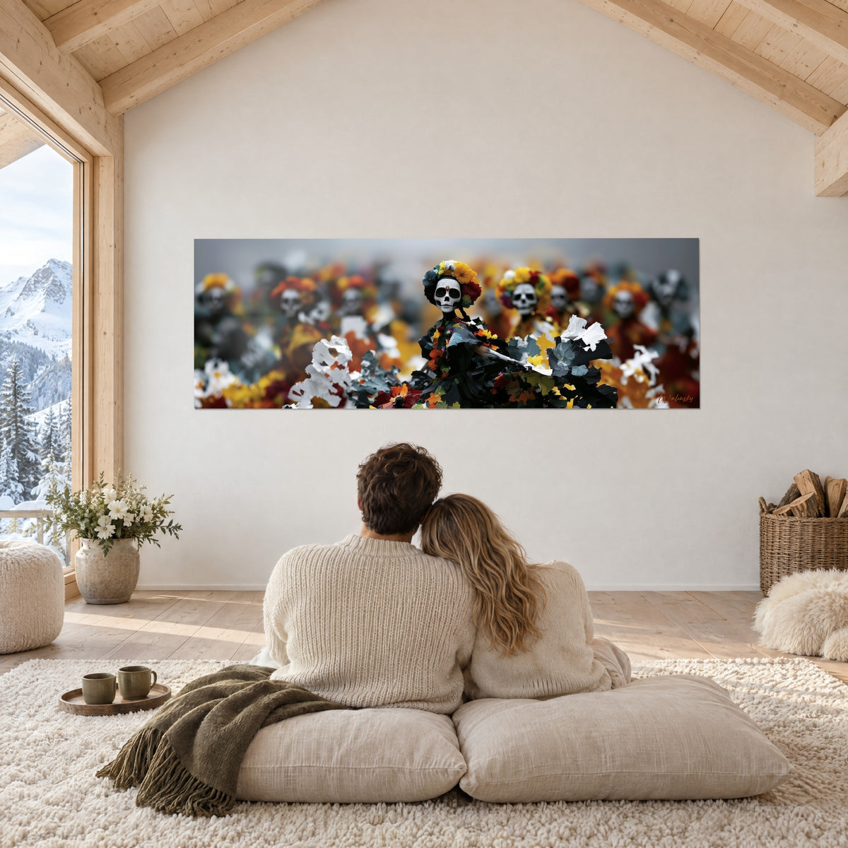 Gemälde Skelettdame mit elfenbeinfarbenen und orangefarbenen Blütenblättern, hohler Blick vor grauem Hintergrund, betrachtet in einer verschneiten Berghütte