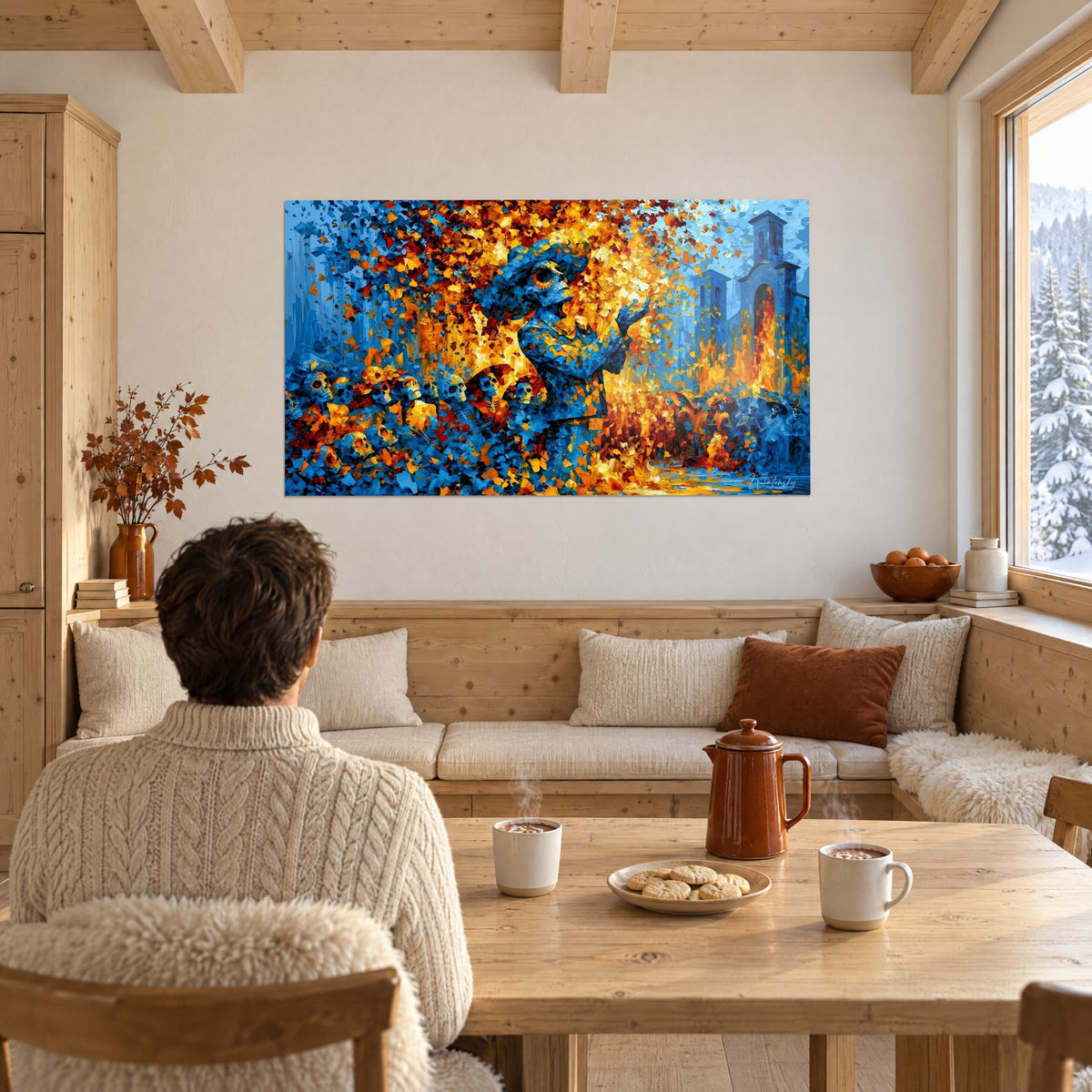 Wall art bony figure in a blue jacket raising its hands, whirl of golden petals, azure church, seen from a chalet dining table