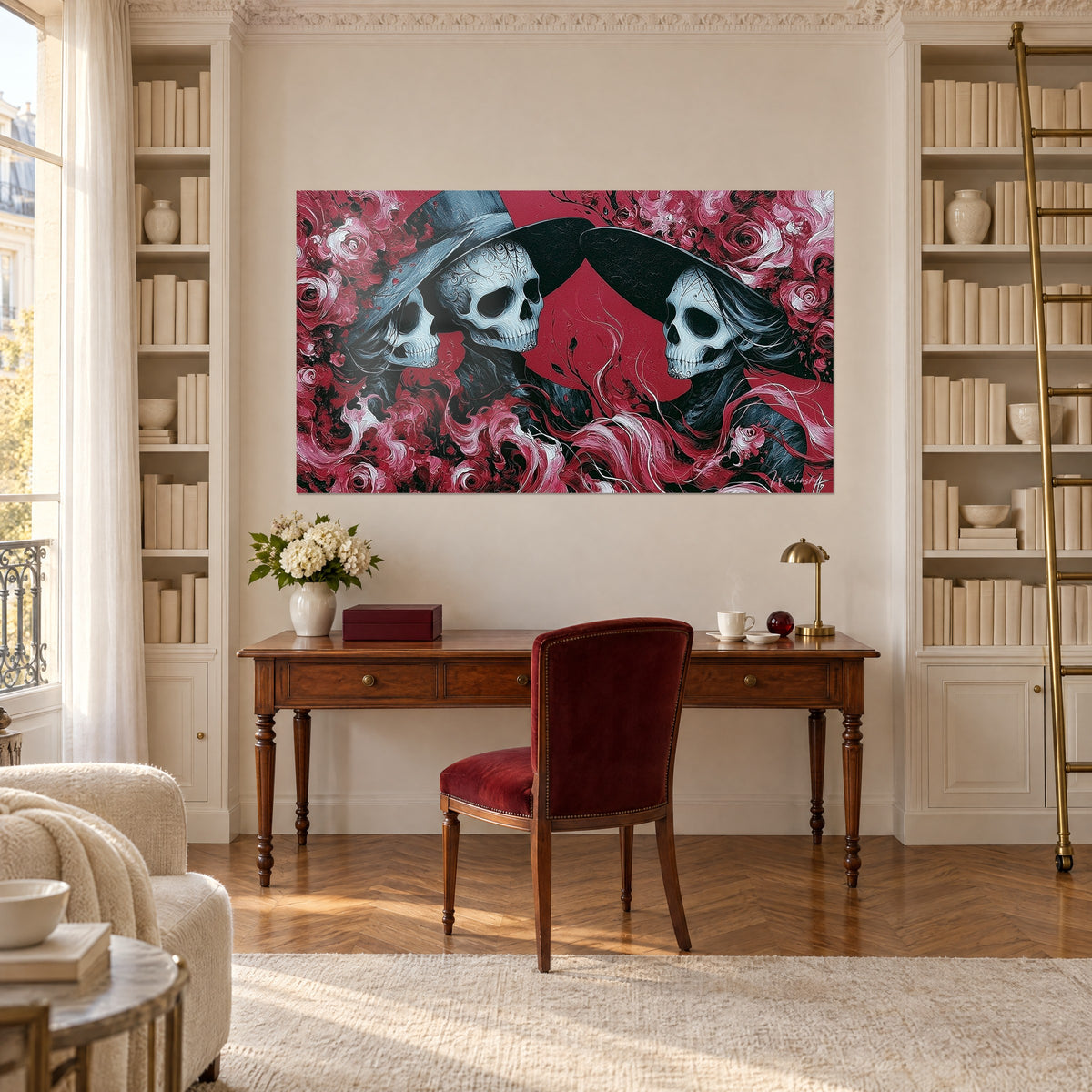 Gemälde Dia de los Muertos mit Schädeln, grau geschwungen verziert, leuchtend rote Blütenblätter, Holzschreibtisch und Bibliothek im Haussmann-Stil