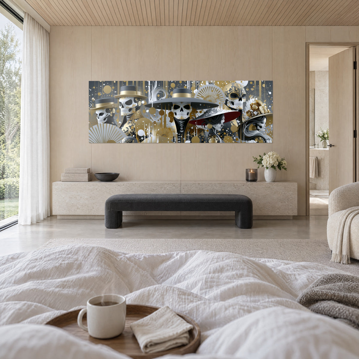 Quadro di scheletri eleganti con cappelli grigi e dorati, cerchi d'oro su sfondo ardesia, sopra un letto in una camera luminosa