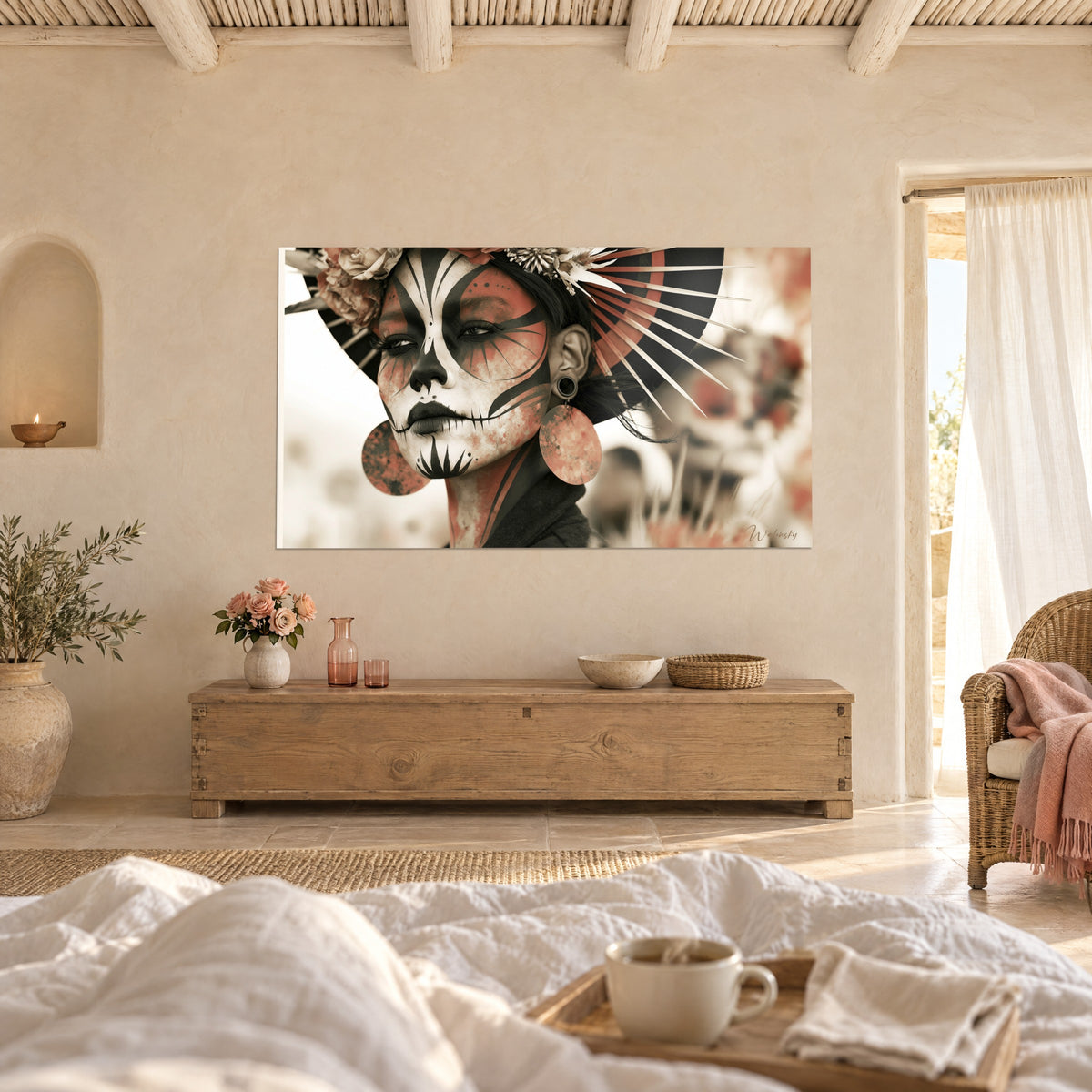 Wall art woman with skull makeup, cream flowers in her hair, above a bed in a bright bedroom