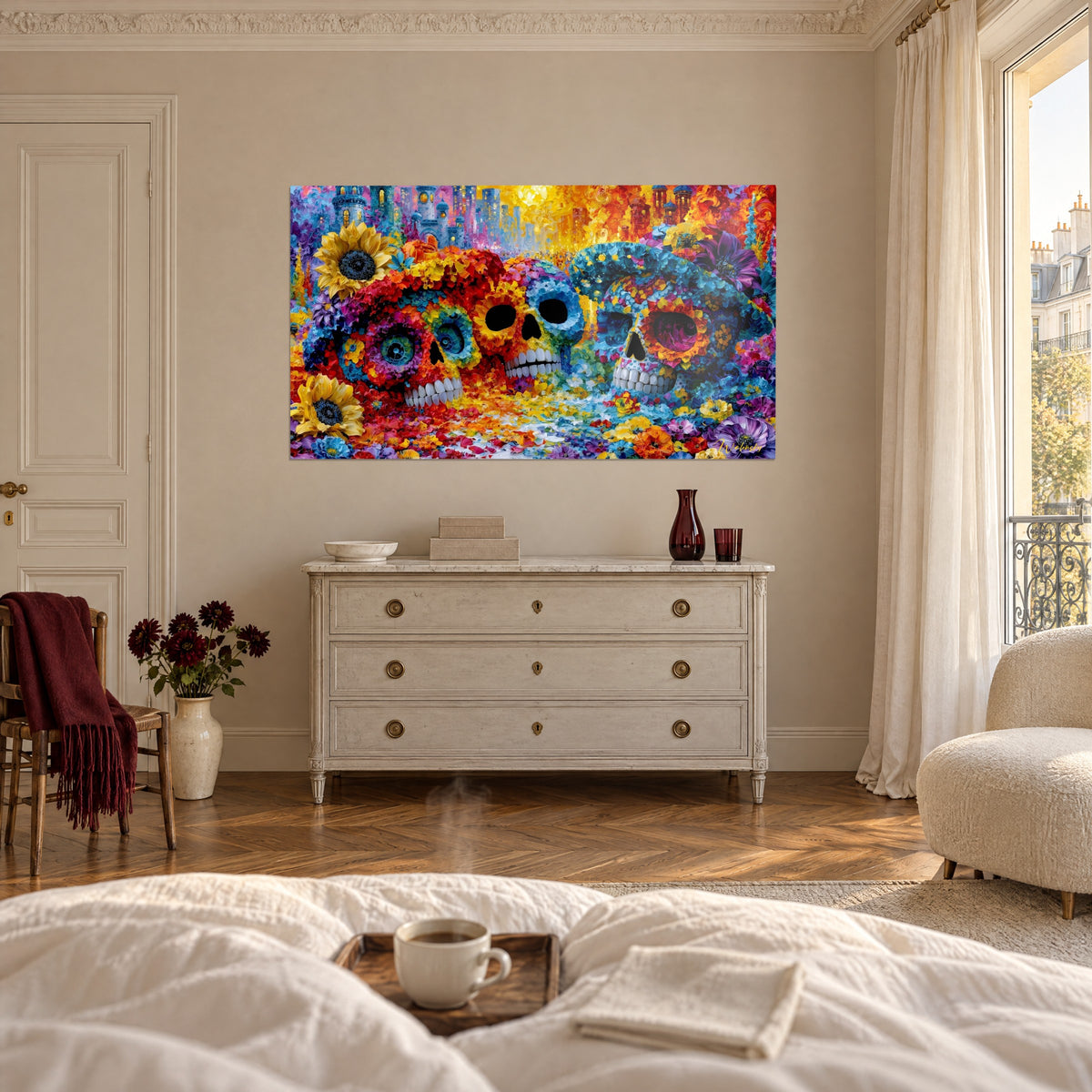 Wall art skulls with scarlet and teal petals, golden sunflowers, above a bed in a bright bedroom