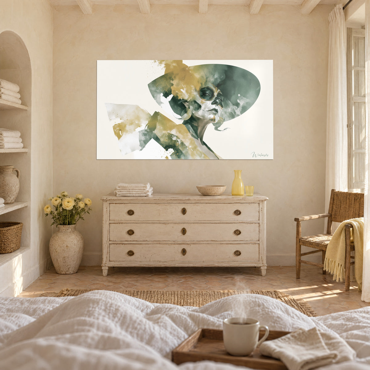 Gemälde Silhouette mit geschminktem Totenkopf und riesigem Hut, ausgewaschenes Salbeigrün und Ocker, über einem Bett in einem hellen Schlafzimmer
