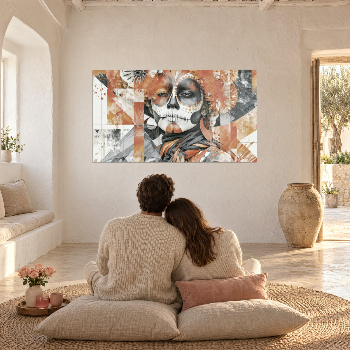 Wall art Catrina with white skull outlined in grey, terracotta geometric patterns, couple seen from behind seated on beige cushions on the floor