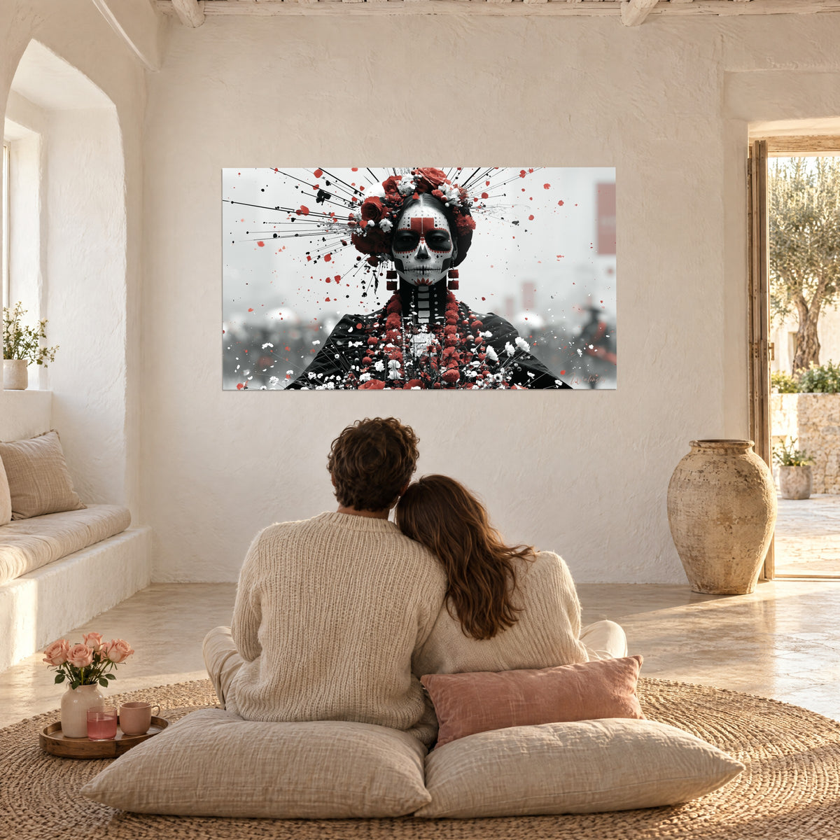 Quadro Catrina del Giorno dei Morti, raggi neri esplosi e petali rossi, osservata da una coppia seduta di spalle su cuscini