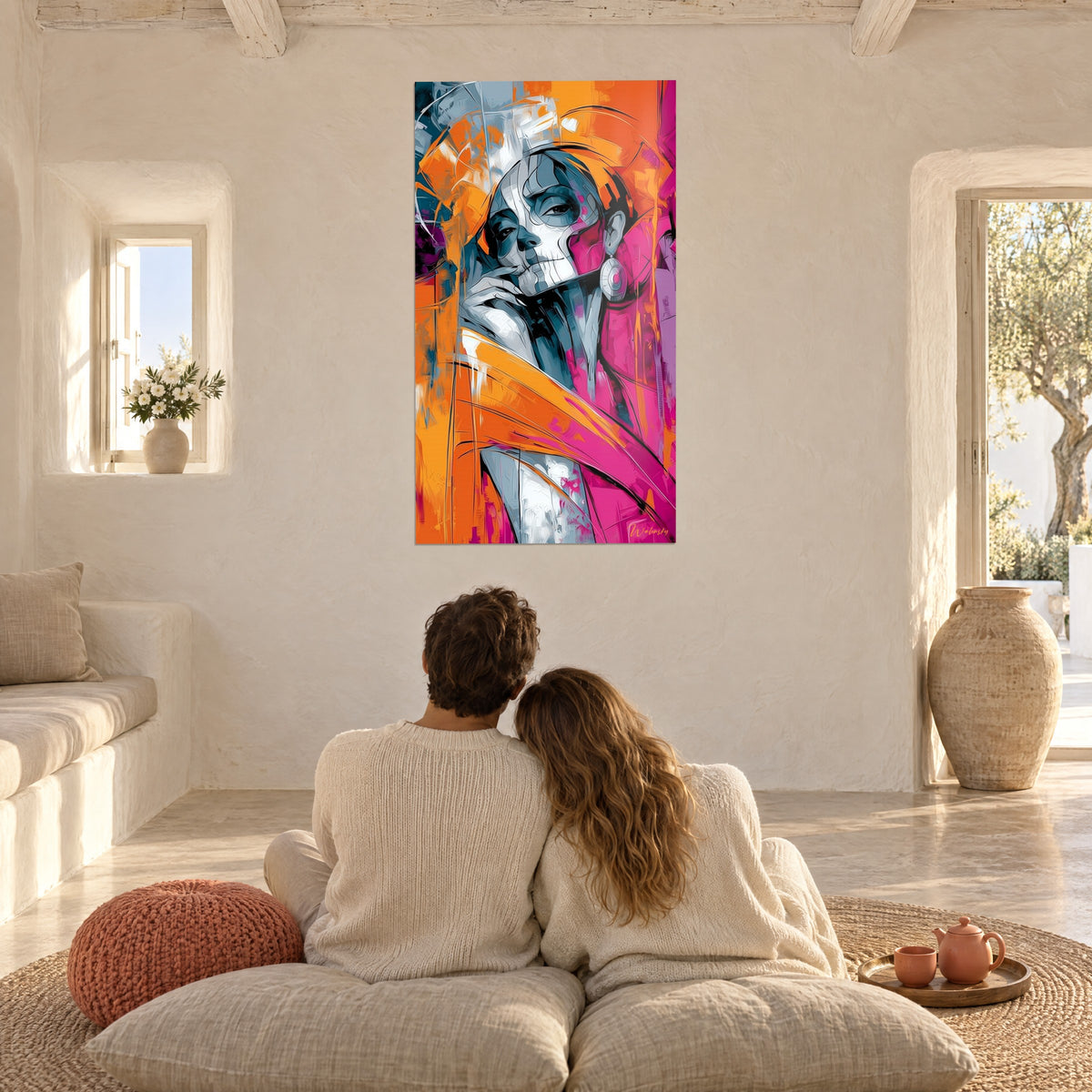 Wall art of a face half skull half woman, orange, bright pink and steel grey, a couple seen from behind on cushions in a Mediterranean living room