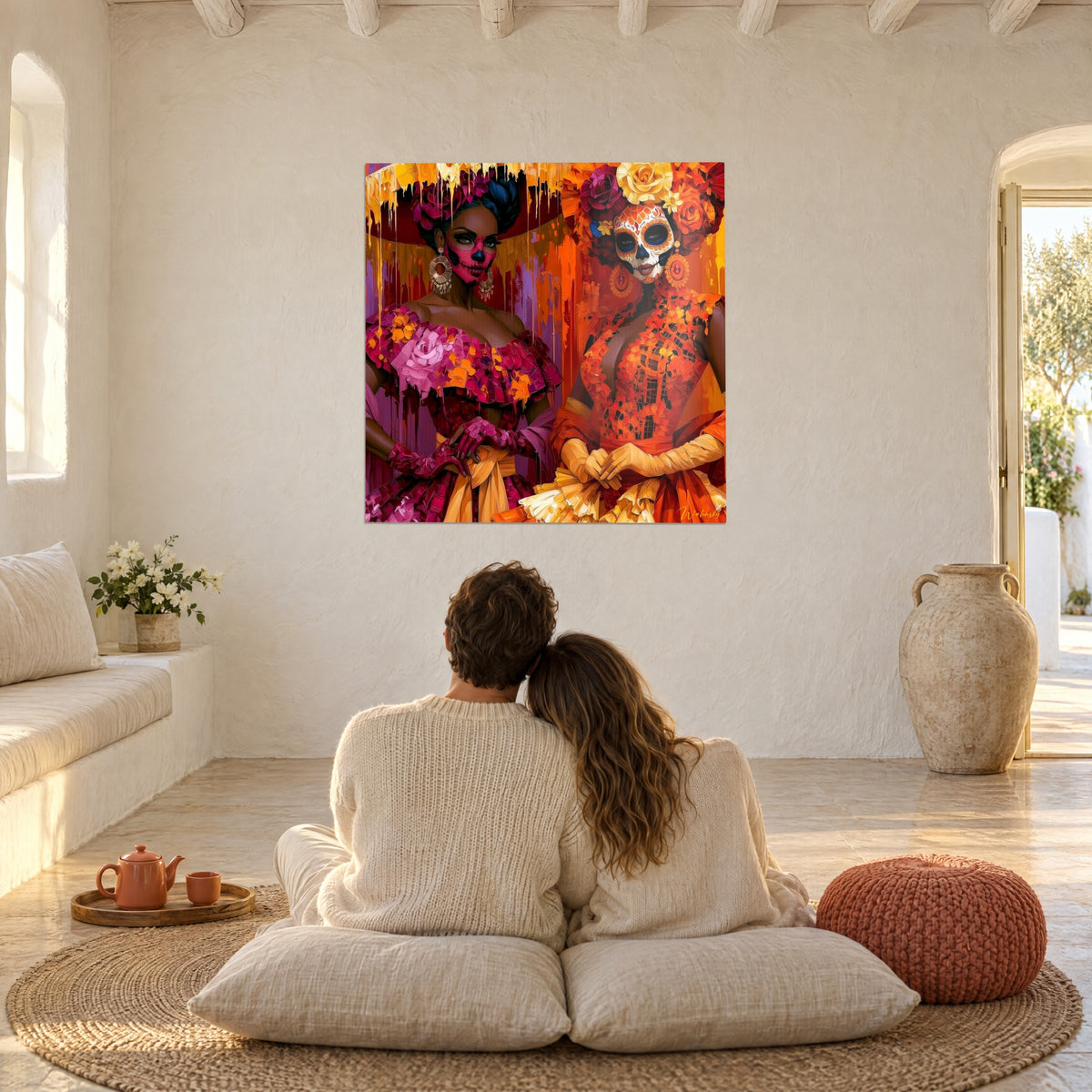 Cuadro dúo festivo de damas esqueleto, guantes largos ámbar, rosas salpicadas de pintura, una pareja de espaldas sentada sobre cojines blancos