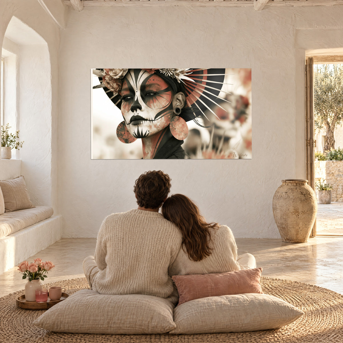 Wall art young woman made up as a catrina, black parasol with ivory rays, facing a couple seated on cushions
