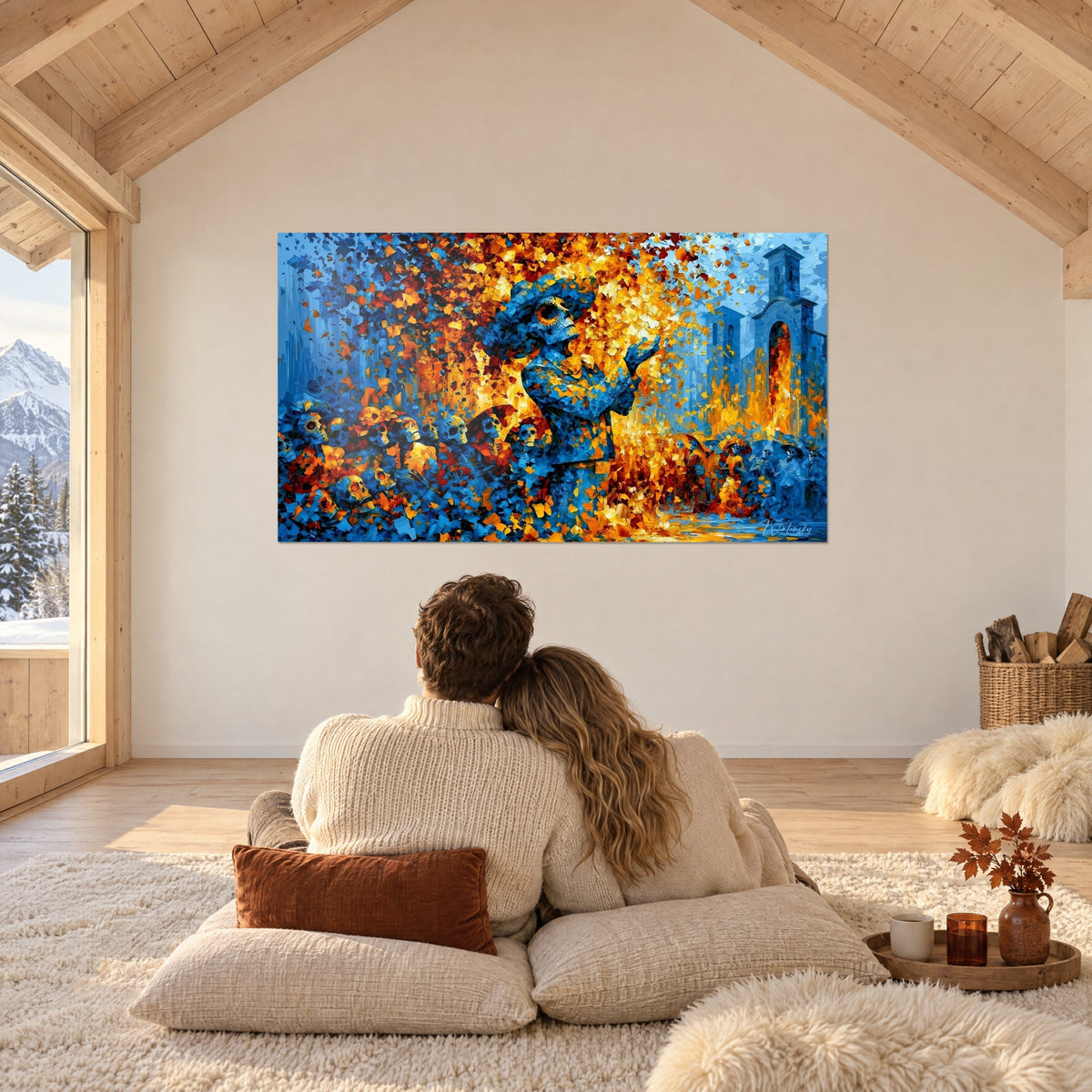 Wall art Dia de los Muertos with palette-knife strokes in midnight blue and blazing orange, church in the background, facing an embracing couple seen from behind