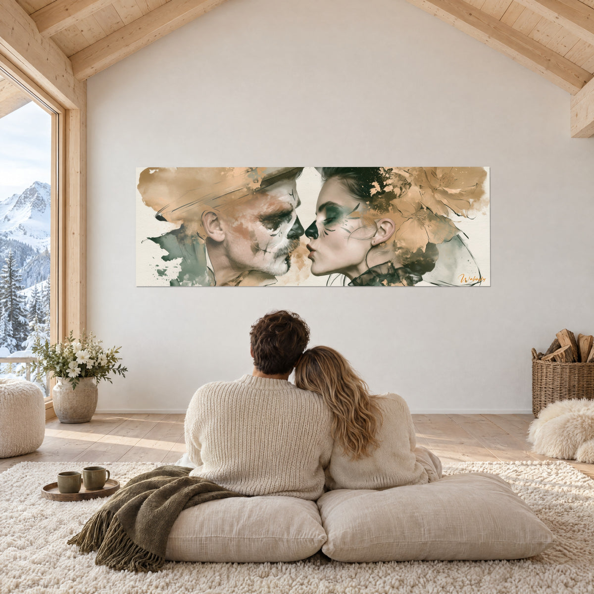 Gemälde verliebter Paare mit Totenkopf-Bemalung, ockerfarbener Hut, goldene Blütenblätter und salbeigrüne Akzente, eng umschlungenes Paar von hinten zur Wand