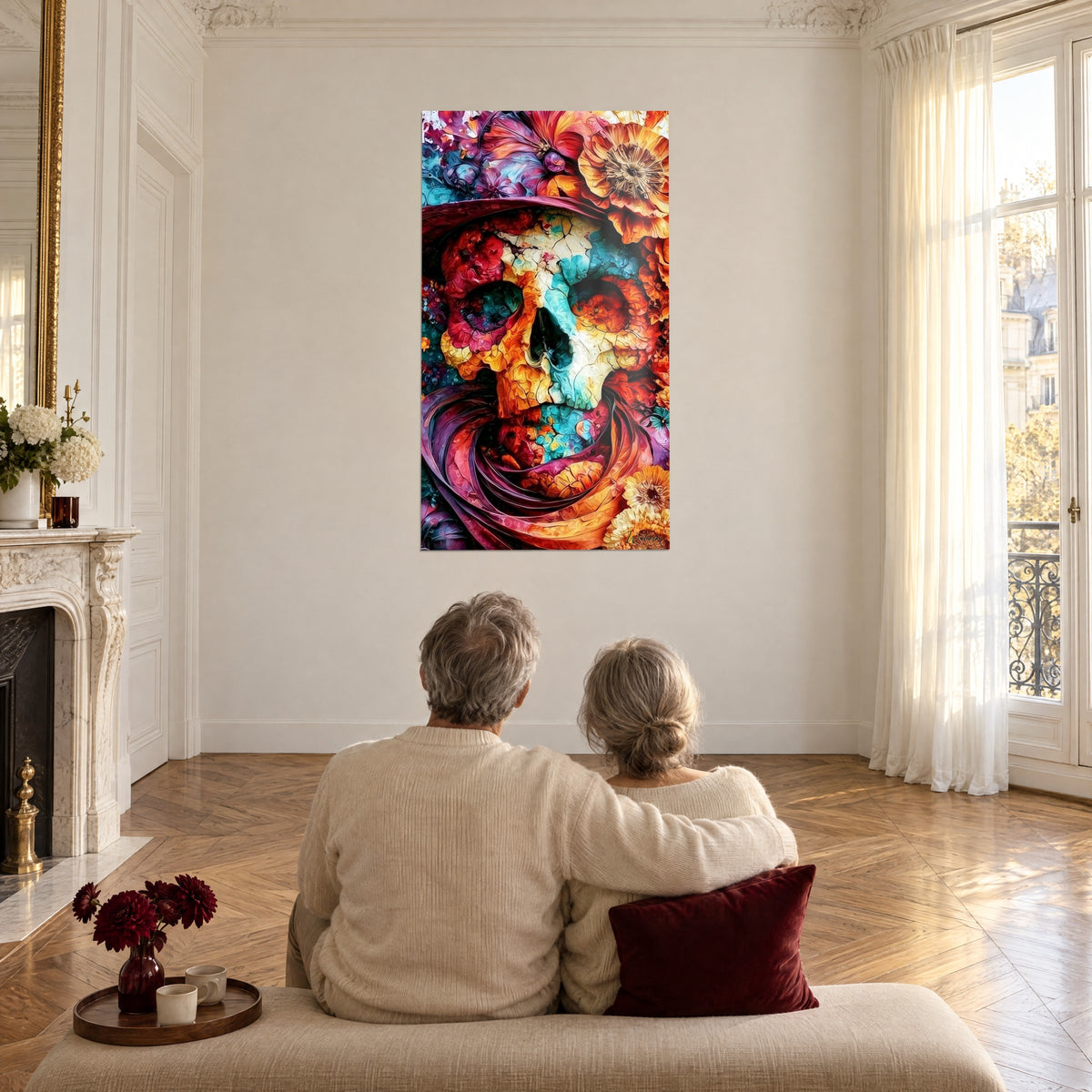 Wall art dazzling death mask in lagoon blue and orange, an elderly couple embracing from behind in a large white lounge