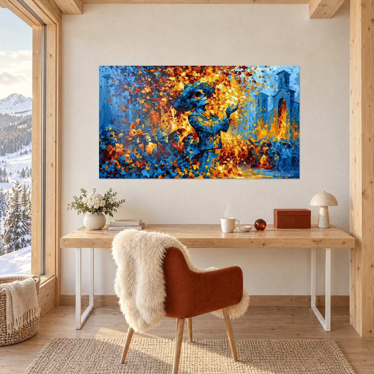 Wall art procession of skeletons and yellow skulls under a shower of orange petals, blue church facade, above a wooden desk