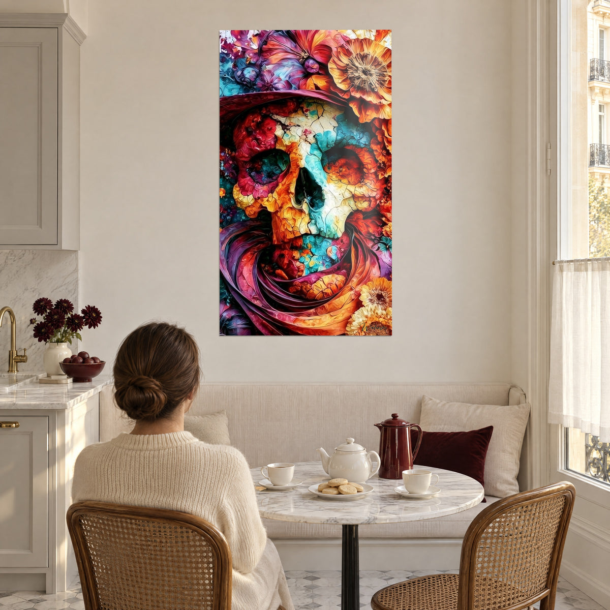Wall art blazing floral skeleton in saffron and turquoise tones, seen by a woman seated from behind at a kitchen table