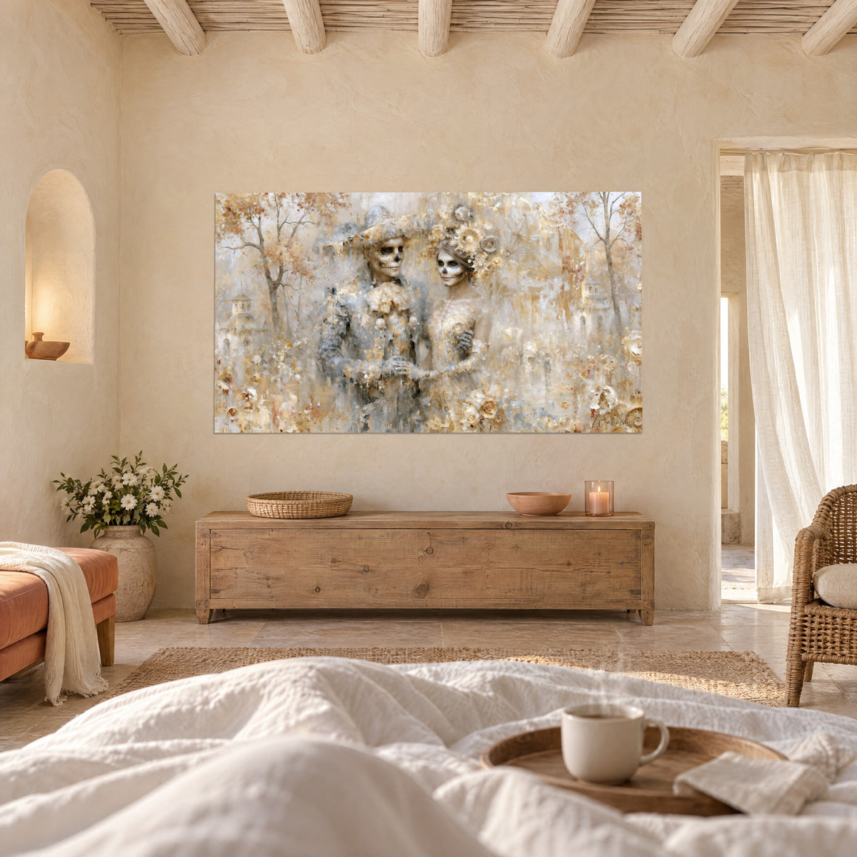 Wall art sugar skull spouses with ivory roses and pale gold, clasped hands, above a bed in a light bedroom