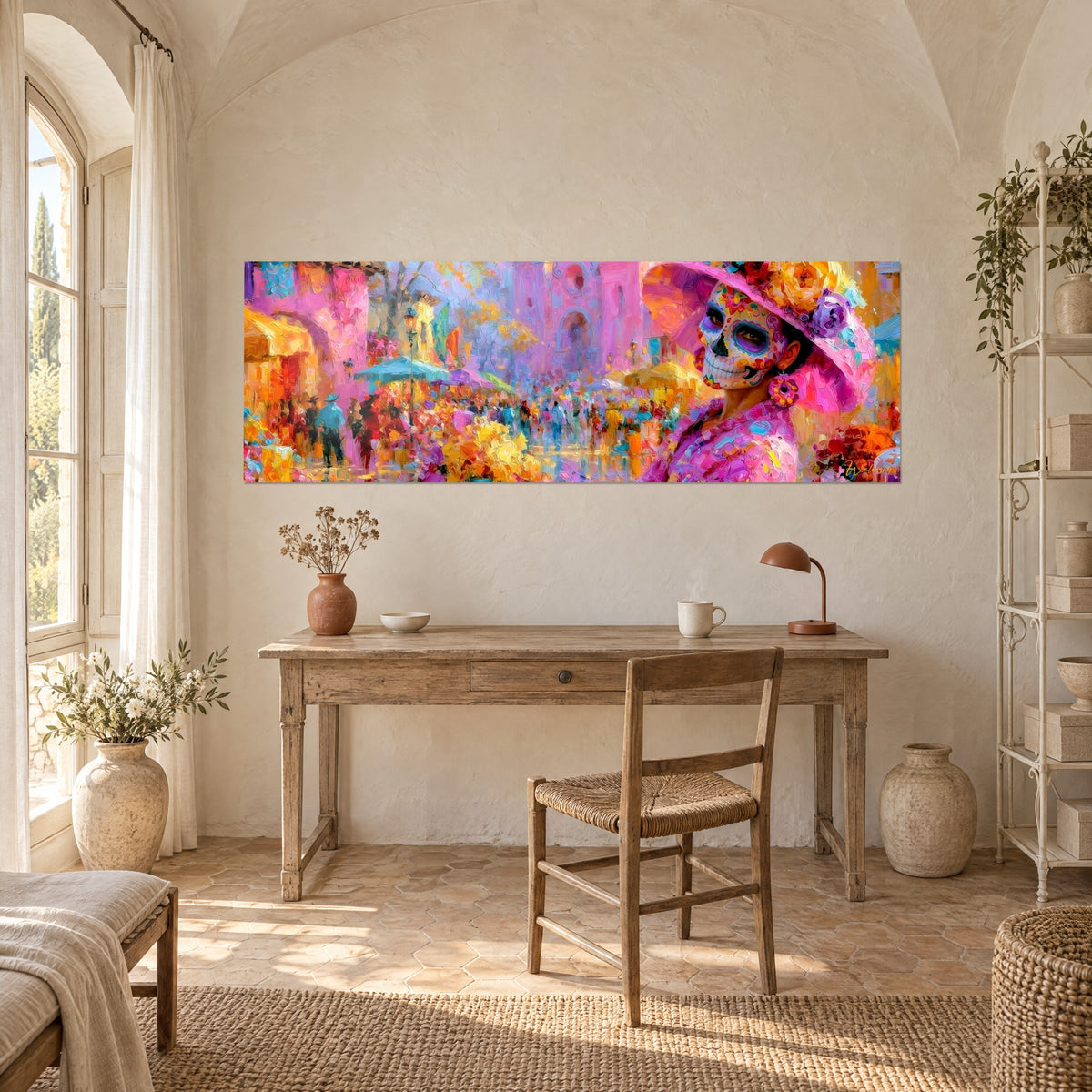 Schilderij panoramisch Dag van de Doden, turkooizen en gele Mexicaanse markt, opgemaakte schedel en roze hoed, boven een bureau