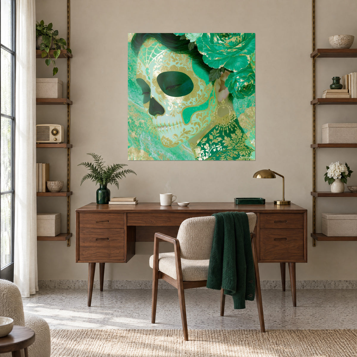Gemälde mexikanische Catrina mit wassergrünem Make-up, goldener Ohrring, über einem Schreibtisch aus Nussholz