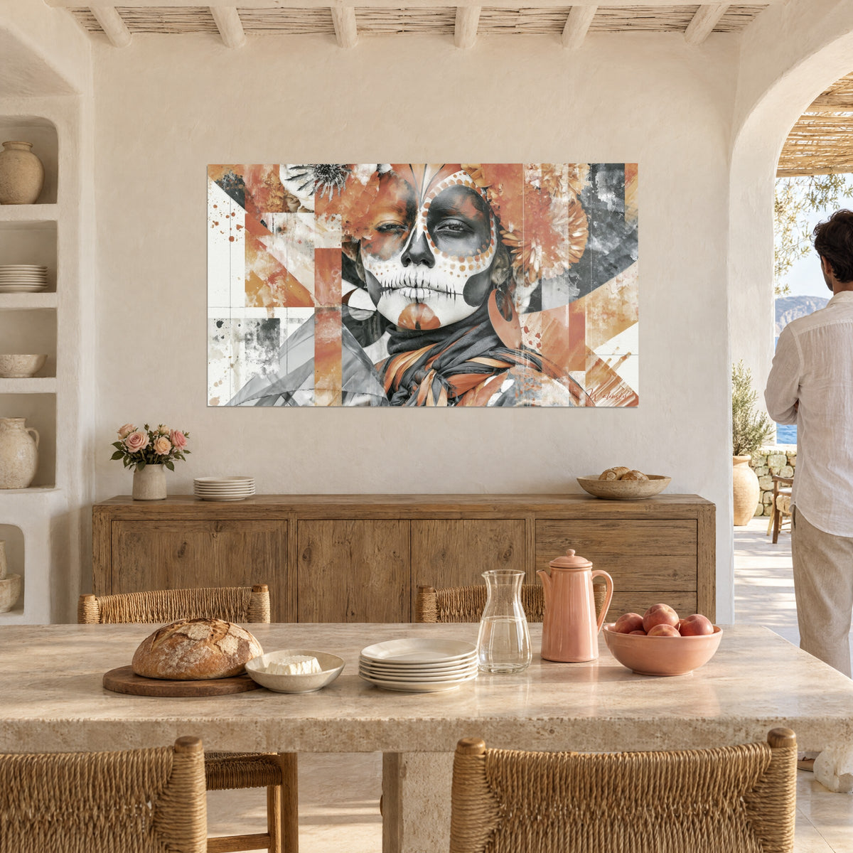 Wall art Day of the Dead makeup, terracotta diamonds and grey splashes, a man seen from behind near a stone dining room
