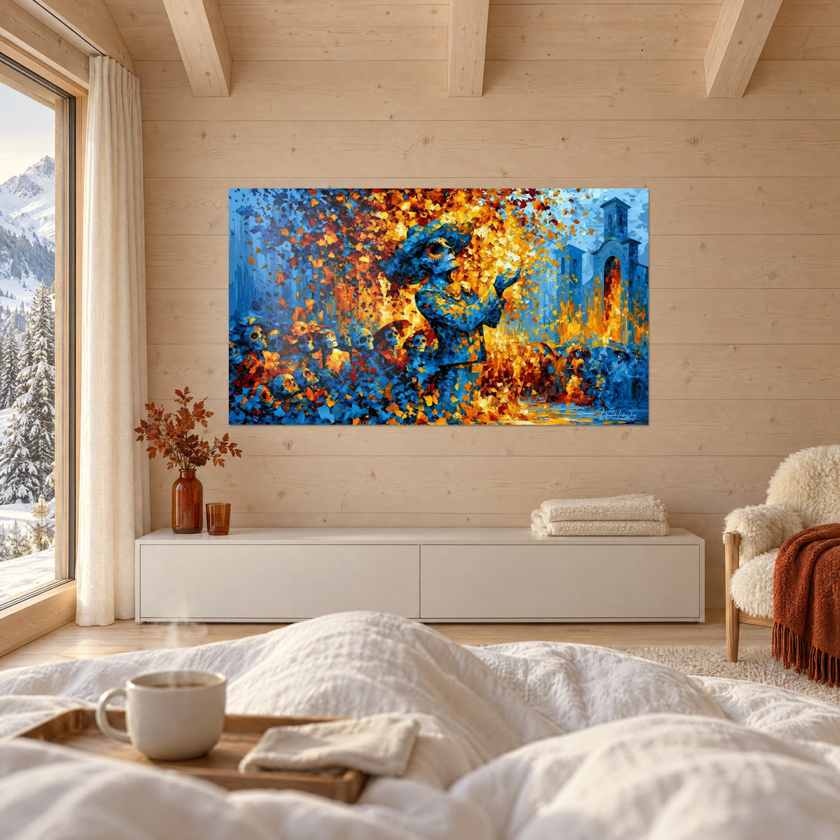 Wall art sugar skull for Día de los Muertos, swirl of amber and red leaves, deep blue, above a bed in a bright bedroom