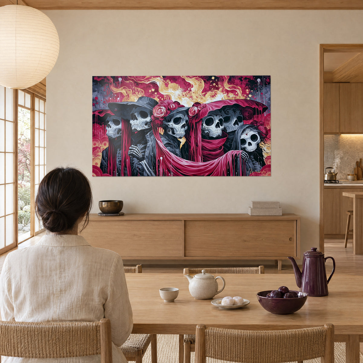 Gemälde Dia de los Muertos, graue Totenköpfe mit schwarzen Augenhöhlen, fließender himbeerfarbener Schleier, goldene Flammen, gegenüber einem Japandi-Tisch