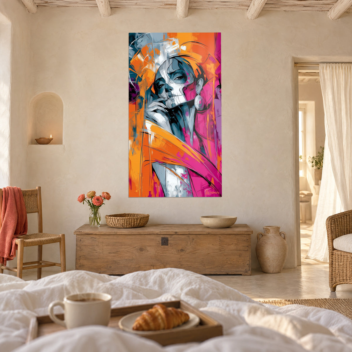 Wall art of a stylised skull in bold orange and magenta blocks, round silver earring, hung above a bed in a light bedroom