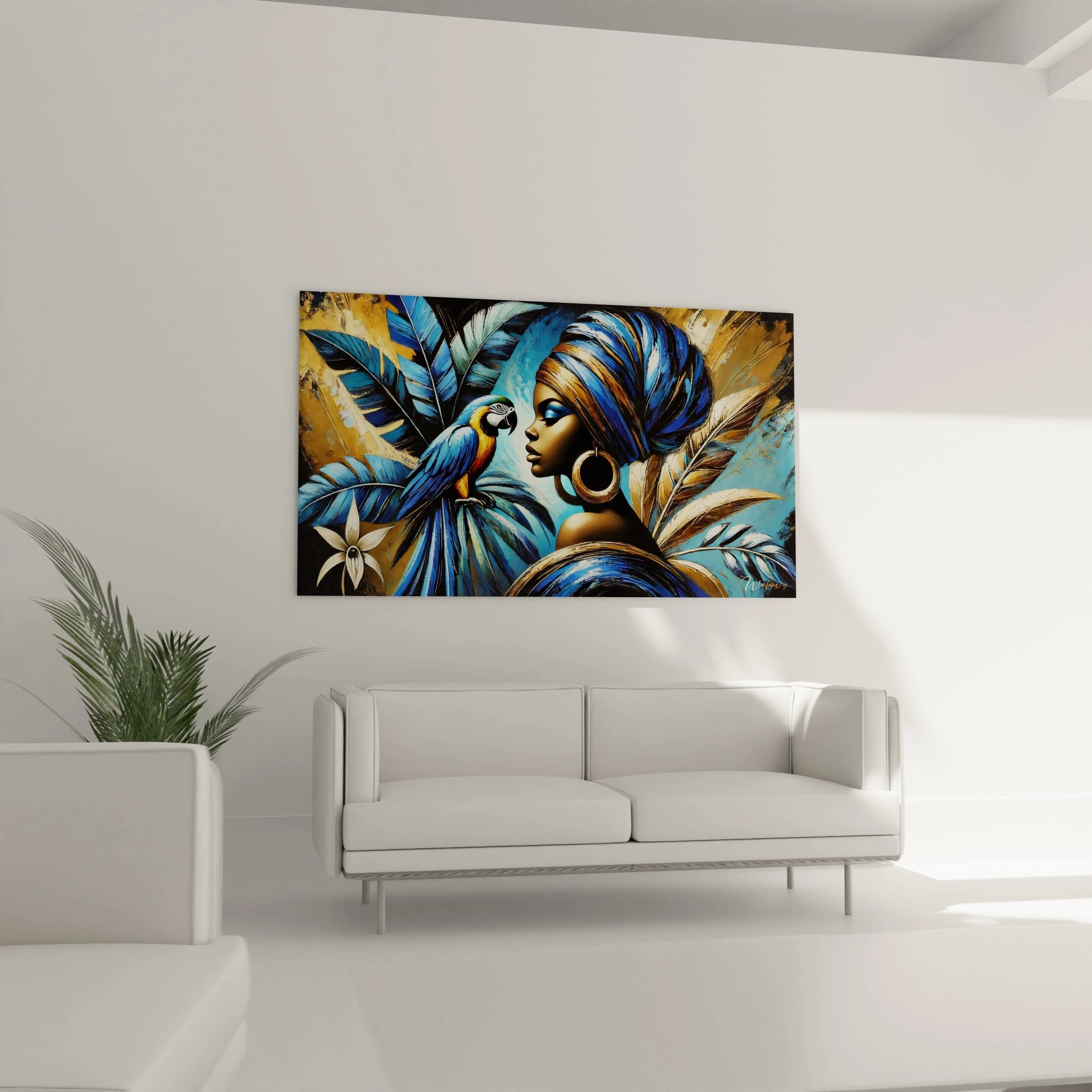 Parfait dans un salon, ce tableau perroquet apporte une touche artistique et tropicale. La femme élégante et le perroquet bleu et or s'intègrent harmonieusement au-dessus du canapé.