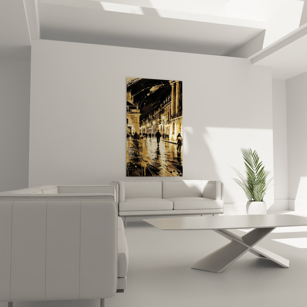 Façades classiques dorées et noires d'une rue pluvieuse, au-dessus d'un canapé dans un salon lumineux