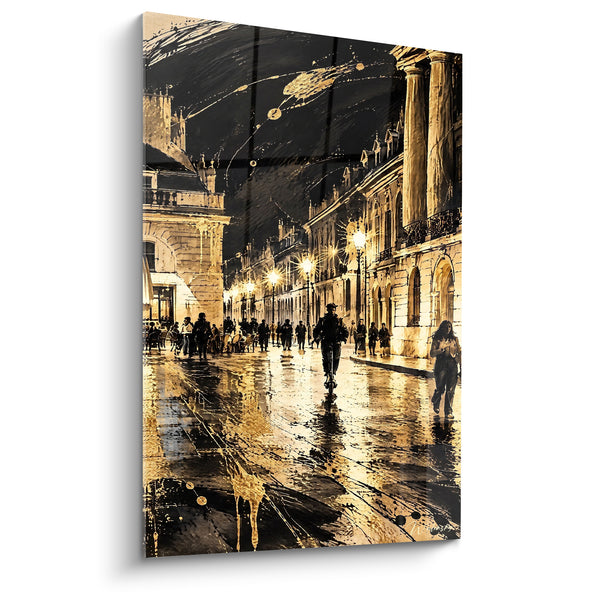 Tableau Rue pavée dorée et noire sous la pluie - Nocturne citadine - Edition Dijon  Bourgogne-Franche-Comté  France