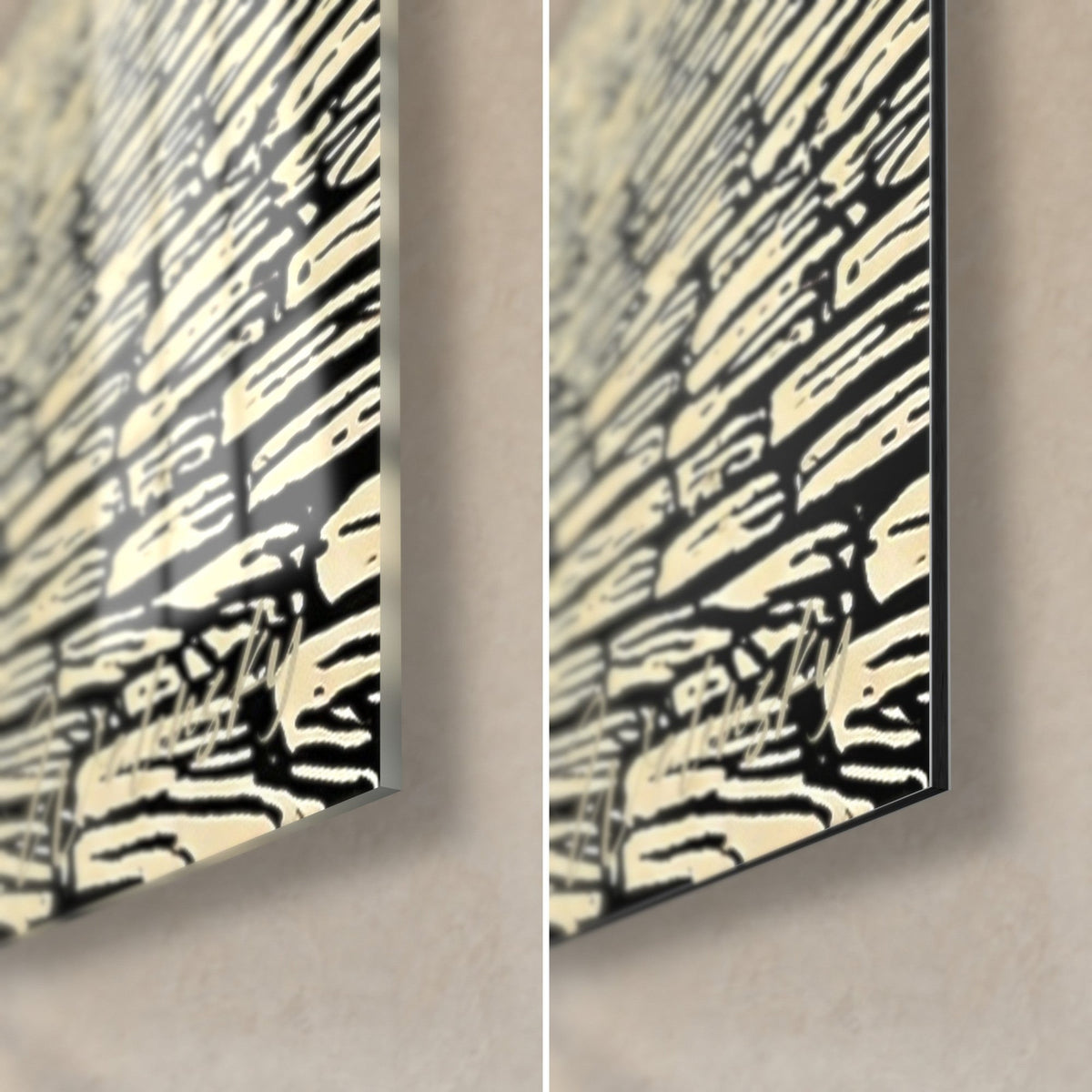 Wall art half-timbered houses in black and cream engraving, bottom right corner, glossy acrylic glass on the left, matte Dibond on the right
